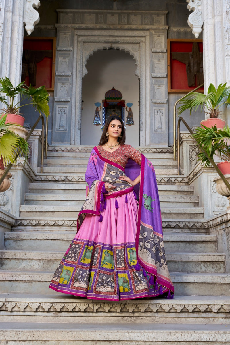 Womenline Peach Color Tussar Silk Kalamkari Printed Lehenga Choli