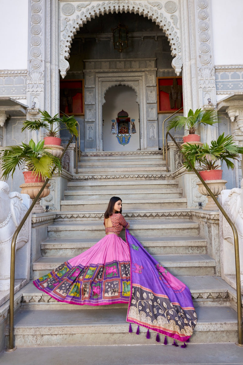Womenline Peach Color Tussar Silk Kalamkari Printed Lehenga Choli