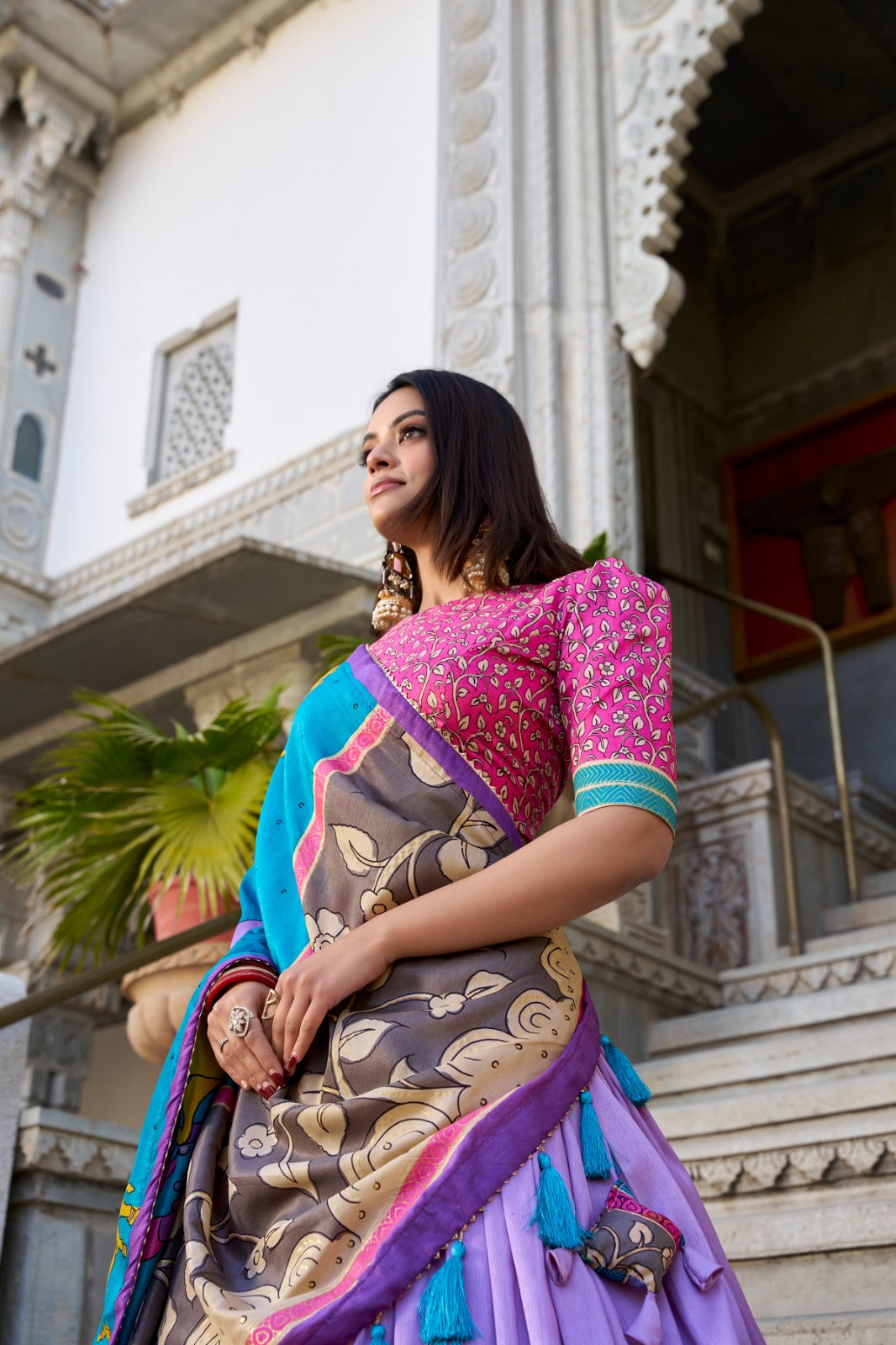 Womenline Lavender Color Tussar Silk Kalamkari Printed Lehenga Choli