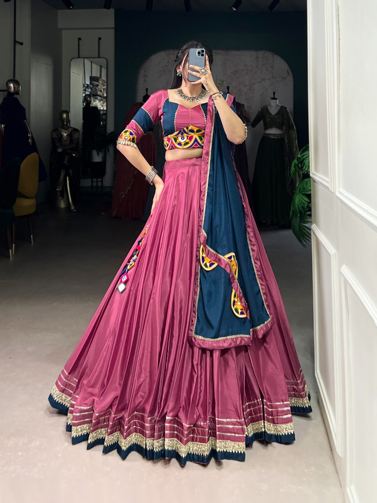 Womenline Graceful Pink And Navy Blue Silk Crape Lehenga Choli With Elegant Dupatta