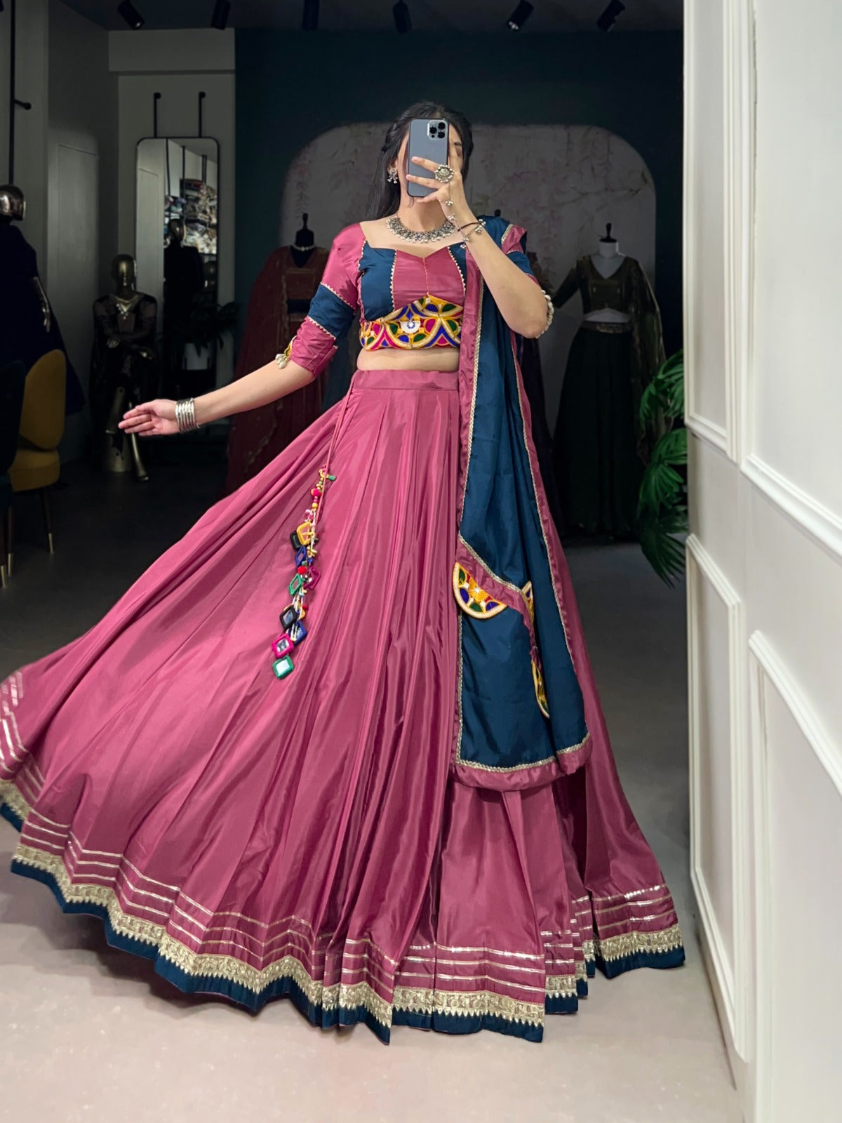 Womenline Graceful Pink And Navy Blue Silk Crape Lehenga Choli With Elegant Dupatta