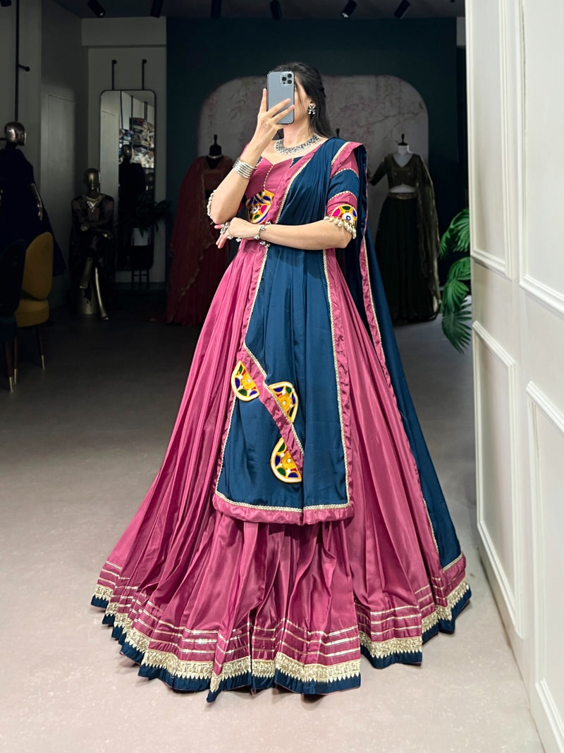 Womenline Graceful Pink And Navy Blue Silk Crape Lehenga Choli With Elegant Dupatta