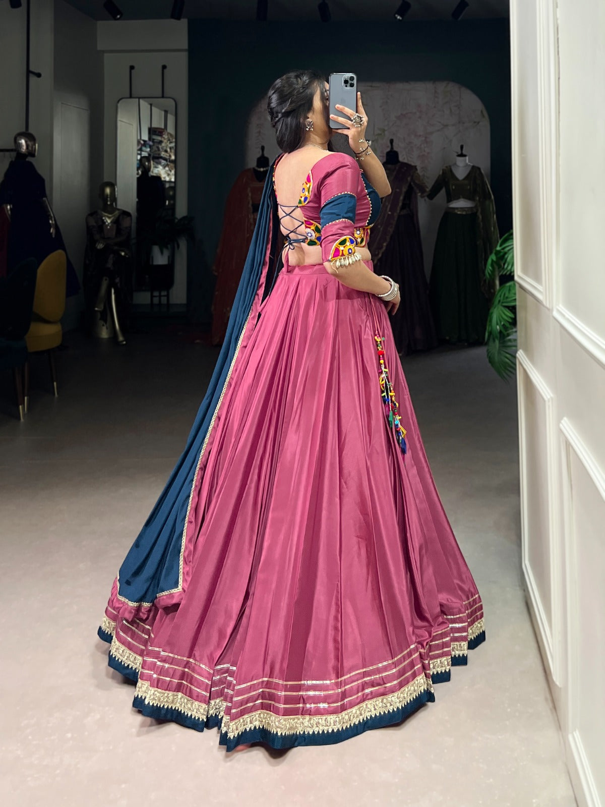 Womenline Graceful Pink And Navy Blue Silk Crape Lehenga Choli With Elegant Dupatta
