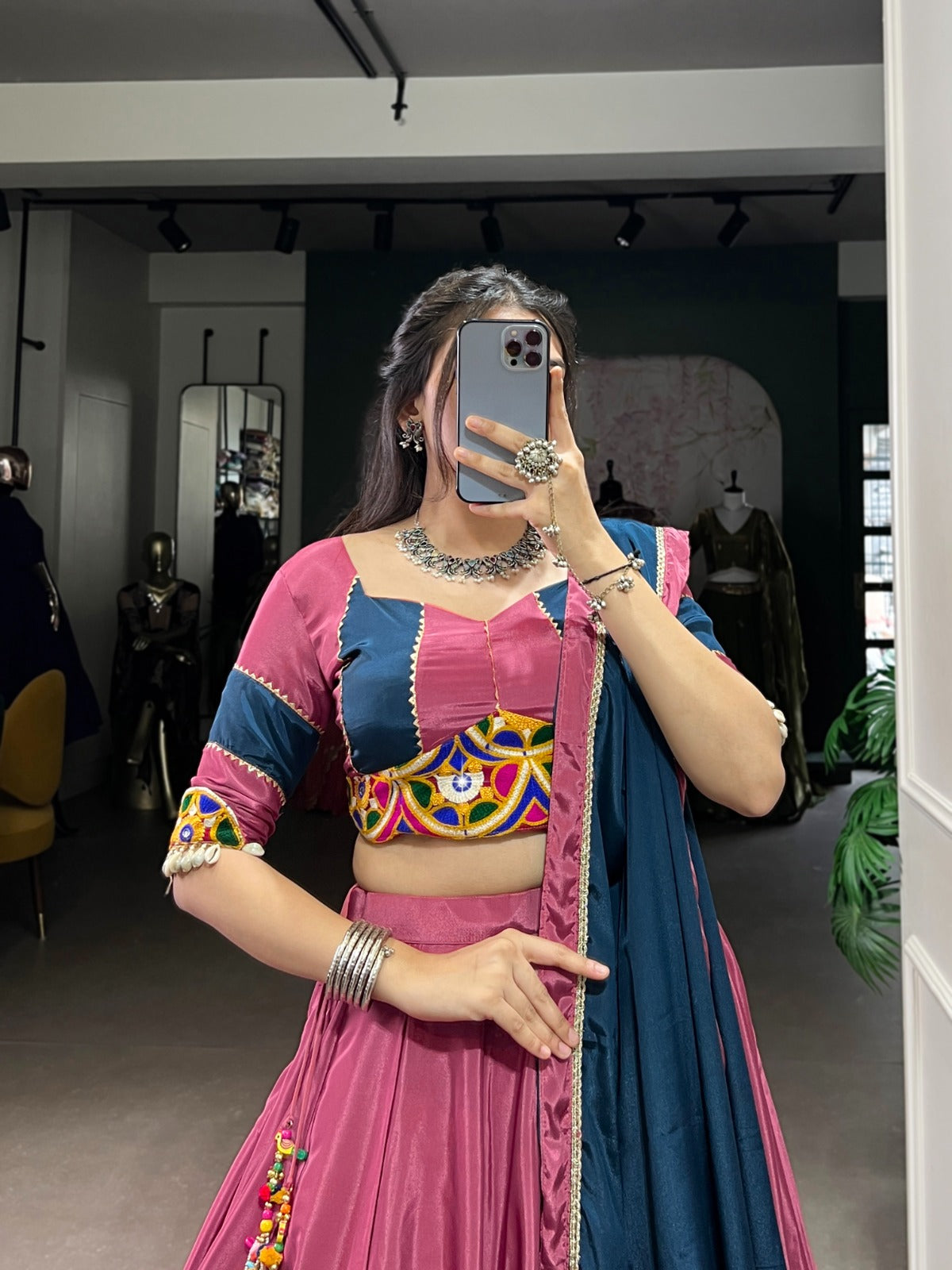 Womenline Graceful Pink And Navy Blue Silk Crape Lehenga Choli With Elegant Dupatta