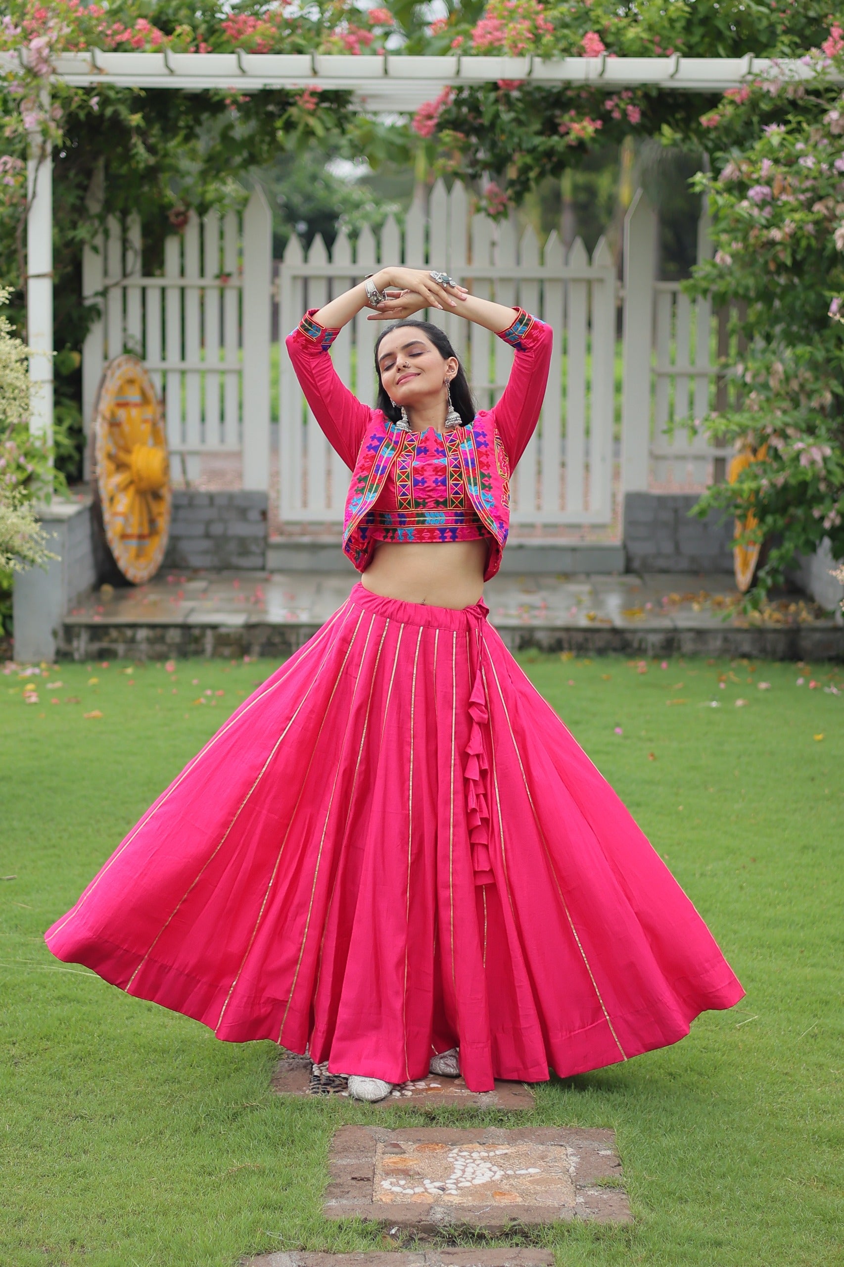 Womenline Elegant Pink Mirror Work Navratri Lehenga With Jacket Style Blouse