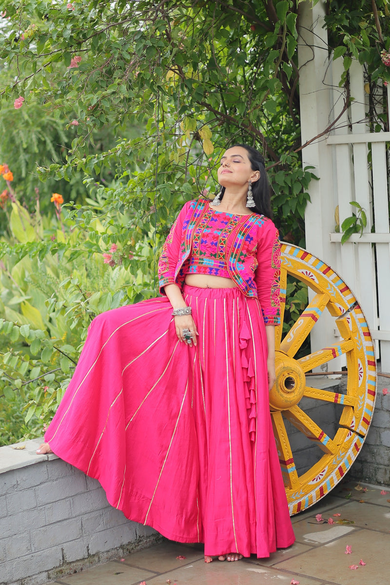 Womenline Elegant Pink Mirror Work Navratri Lehenga With Jacket Style Blouse