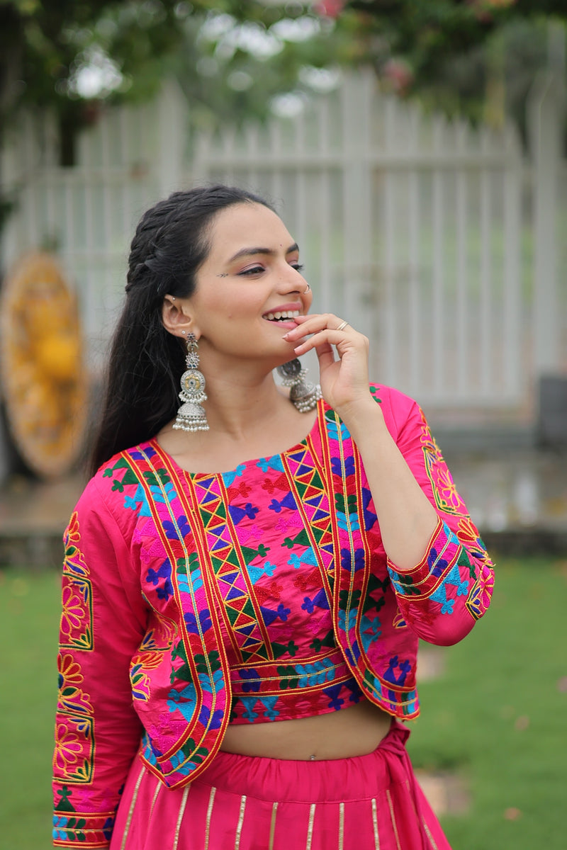Womenline Elegant Pink Mirror Work Navratri Lehenga With Jacket Style Blouse
