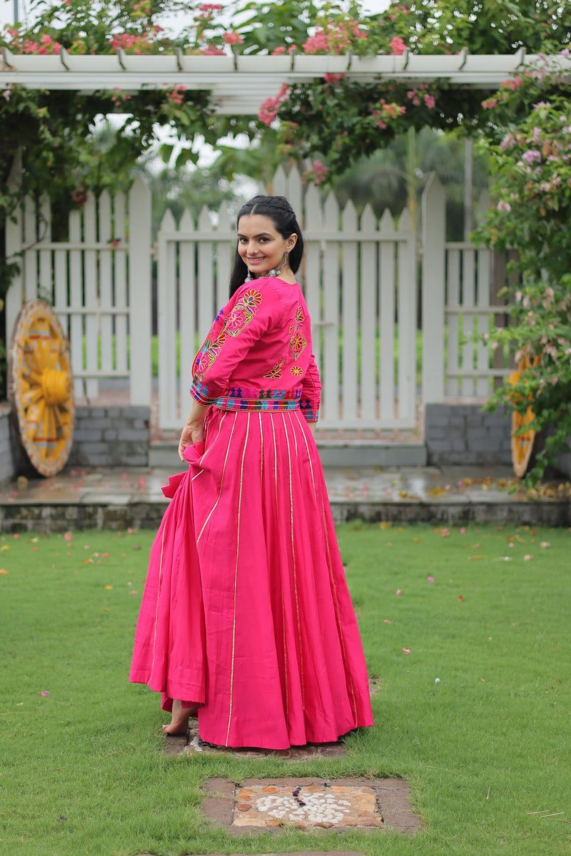 Womenline Elegant Pink Mirror Work Navratri Lehenga With Jacket Style Blouse