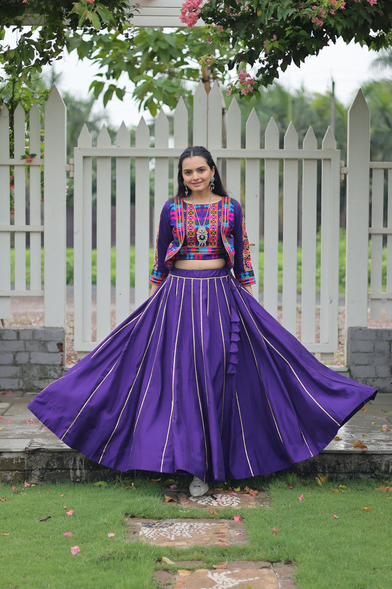 Womenline Elegant Purple Mirror Work Navratri Lehenga With Jacket Style Blouse