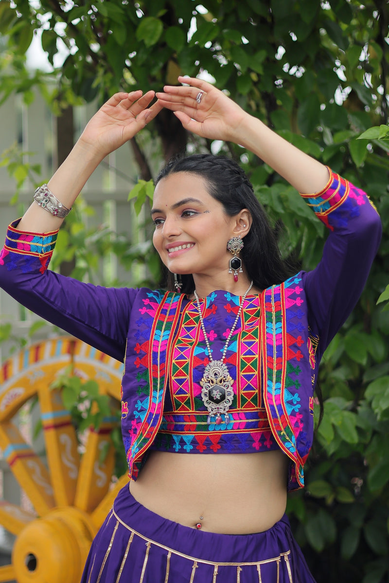 Womenline Elegant Purple Mirror Work Navratri Lehenga With Jacket Style Blouse