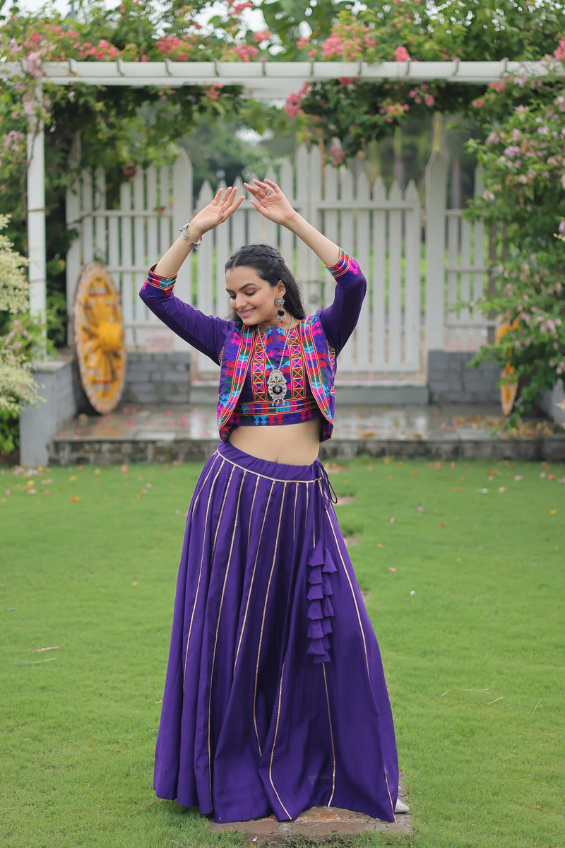 Womenline Elegant Purple Mirror Work Navratri Lehenga With Jacket Style Blouse