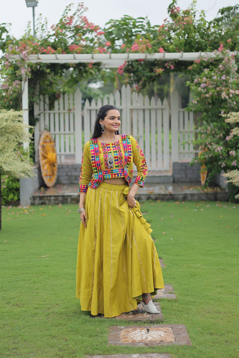 Womenline Elegant Lime Green Mirror Work Navratri Lehenga With Jacket Style Blouse