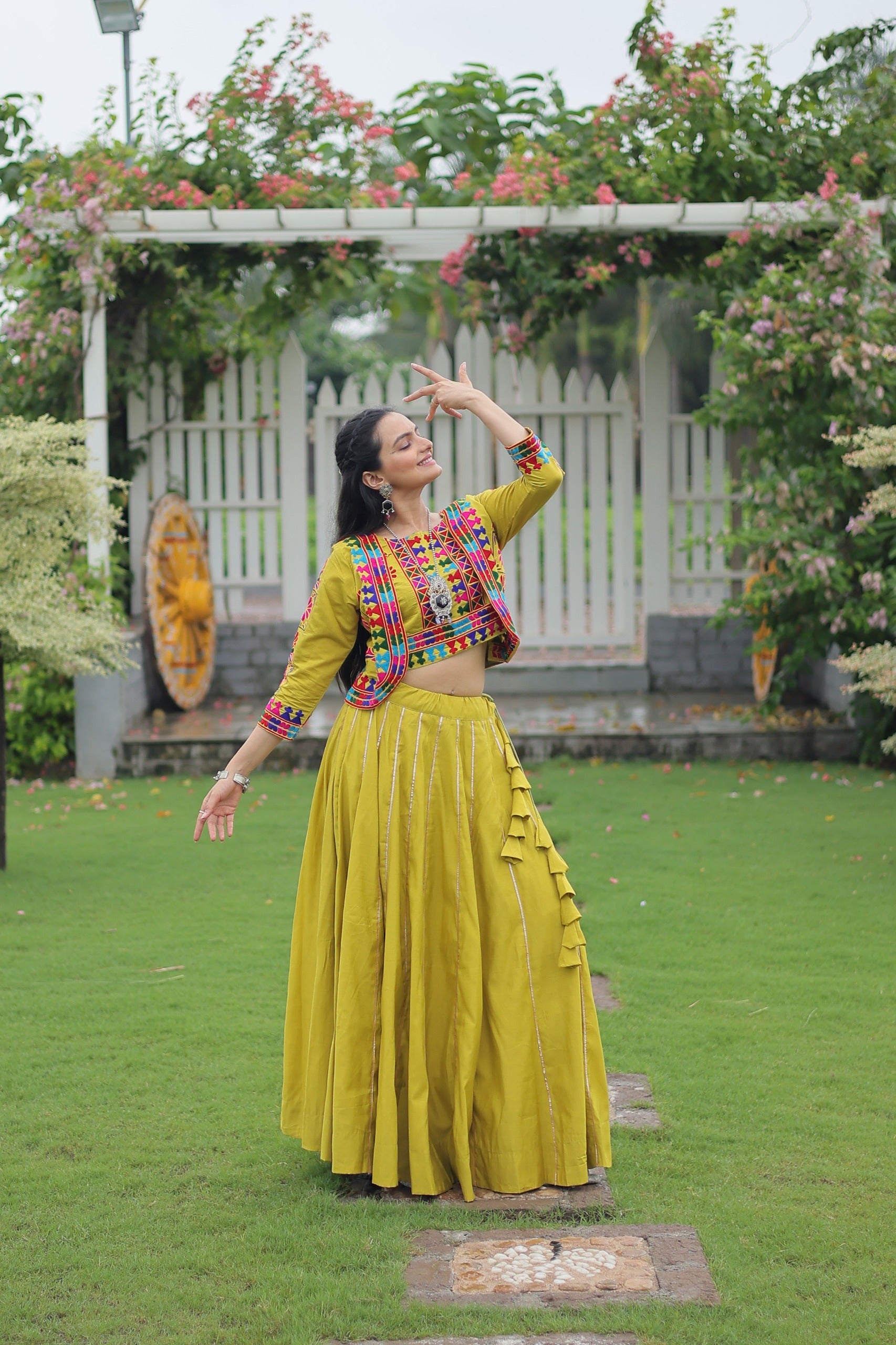 Womenline Elegant Lime Green Mirror Work Navratri Lehenga With Jacket Style Blouse