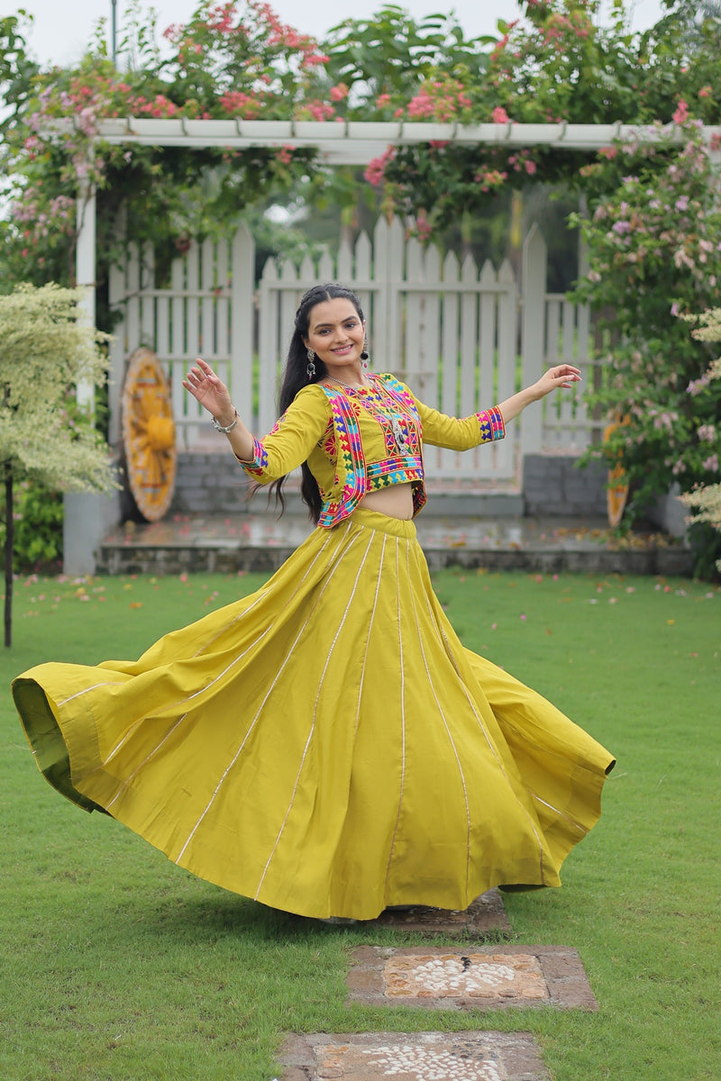 Womenline Elegant Lime Green Mirror Work Navratri Lehenga With Jacket Style Blouse