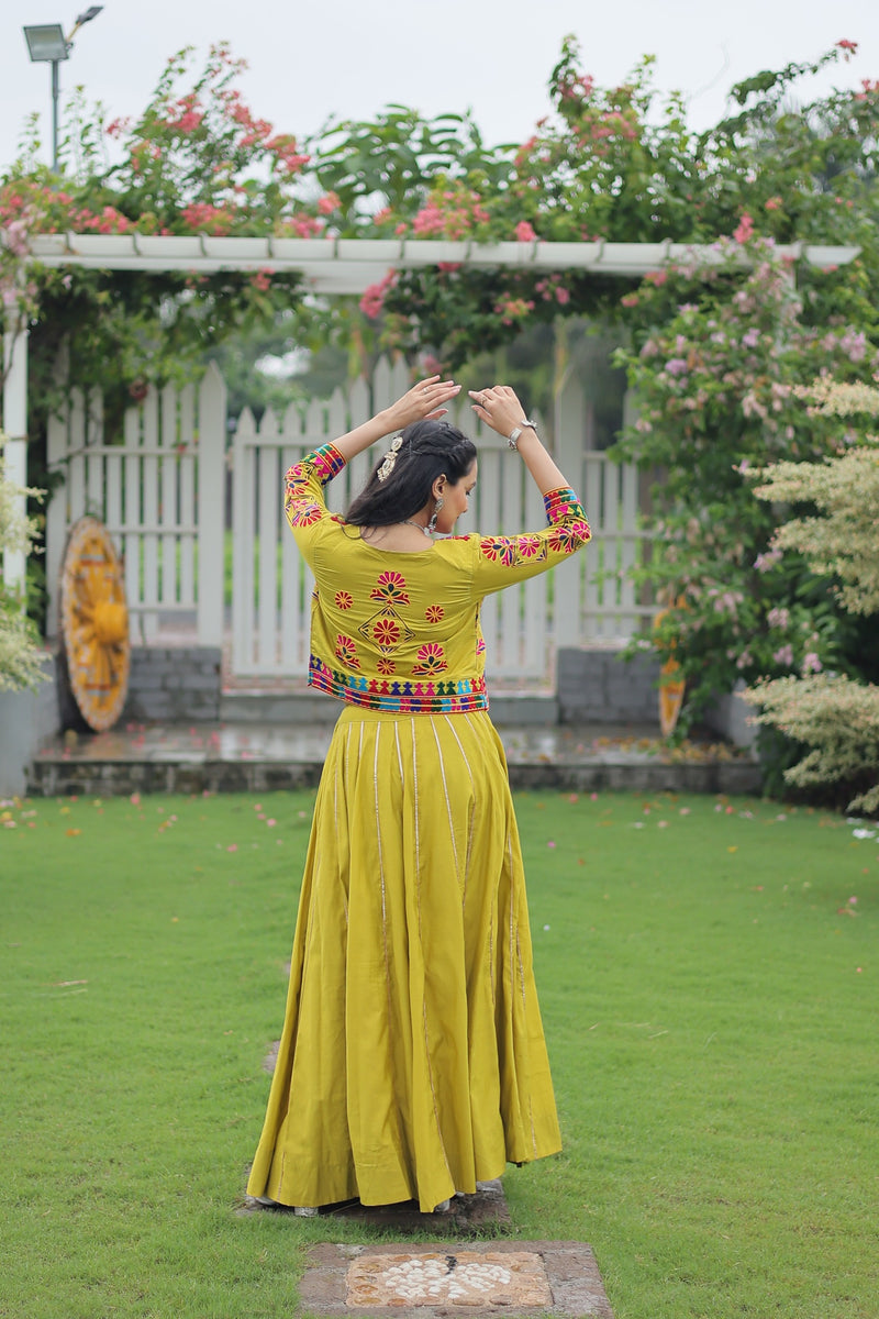 Womenline Elegant Lime Green Mirror Work Navratri Lehenga With Jacket Style Blouse