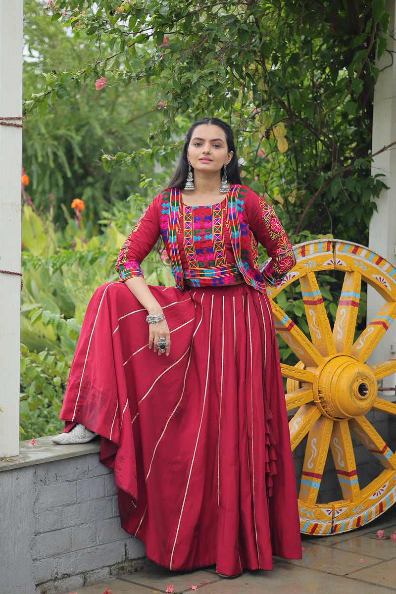 Womenline Elegant Maroon Mirror Work Navratri Lehenga With Jacket Style Blouse