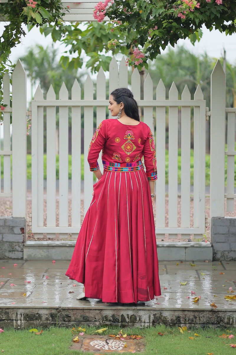 Womenline Elegant Maroon Mirror Work Navratri Lehenga With Jacket Style Blouse