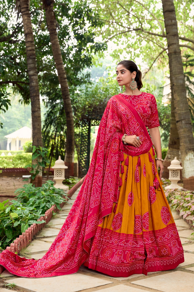 Womenline Mustard Color Tussar Silk Bandhej Printed Lehenga Choli