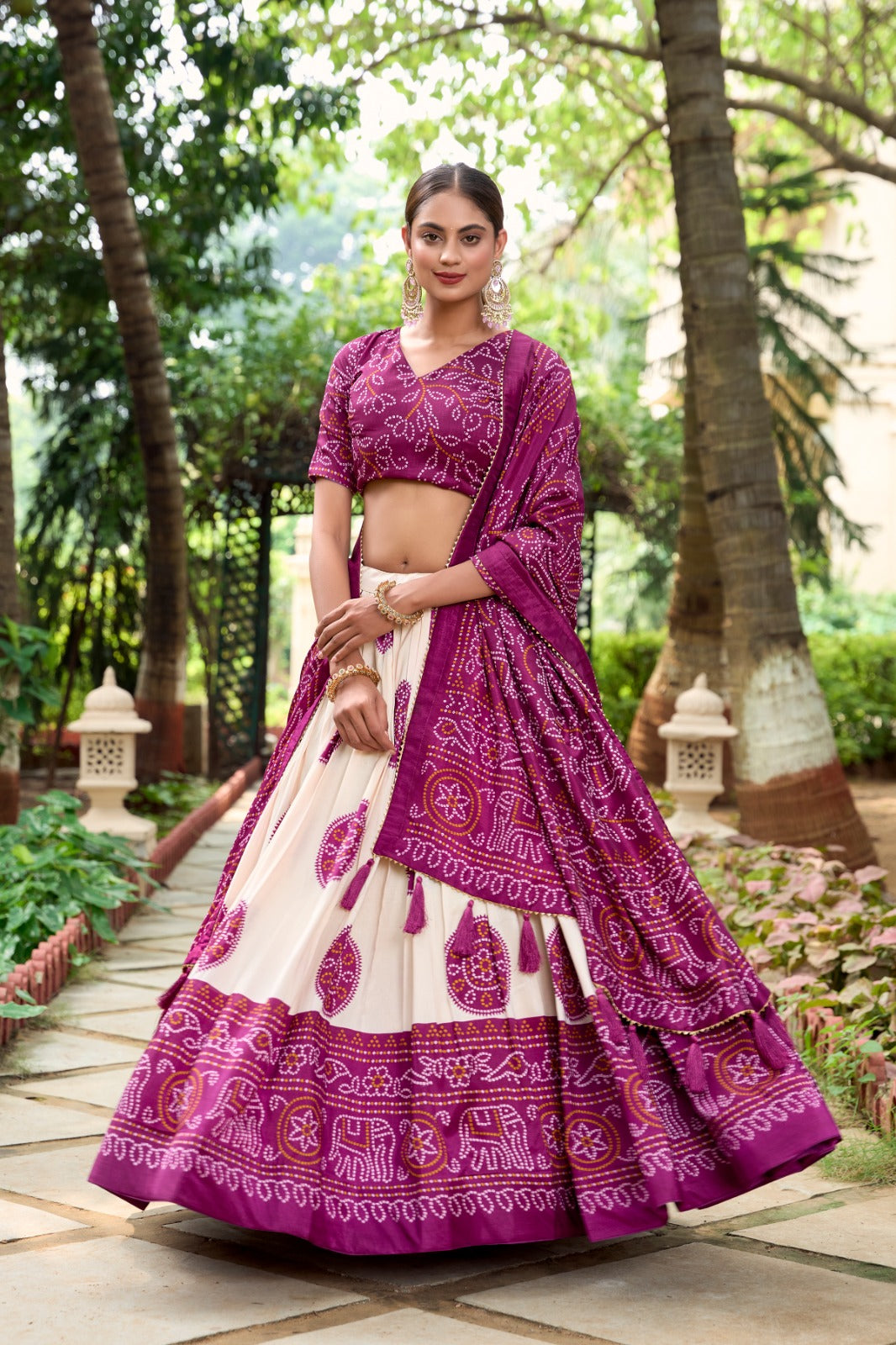 Womenline Wine Color Tussar Silk Bandhej Printed Lehenga Choli