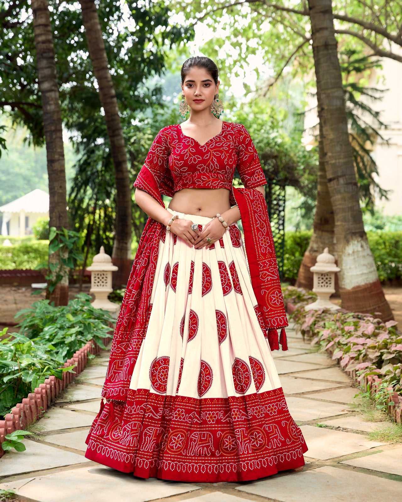 Womenline Red Color Tussar Silk Bandhej Printed Lehenga Choli
