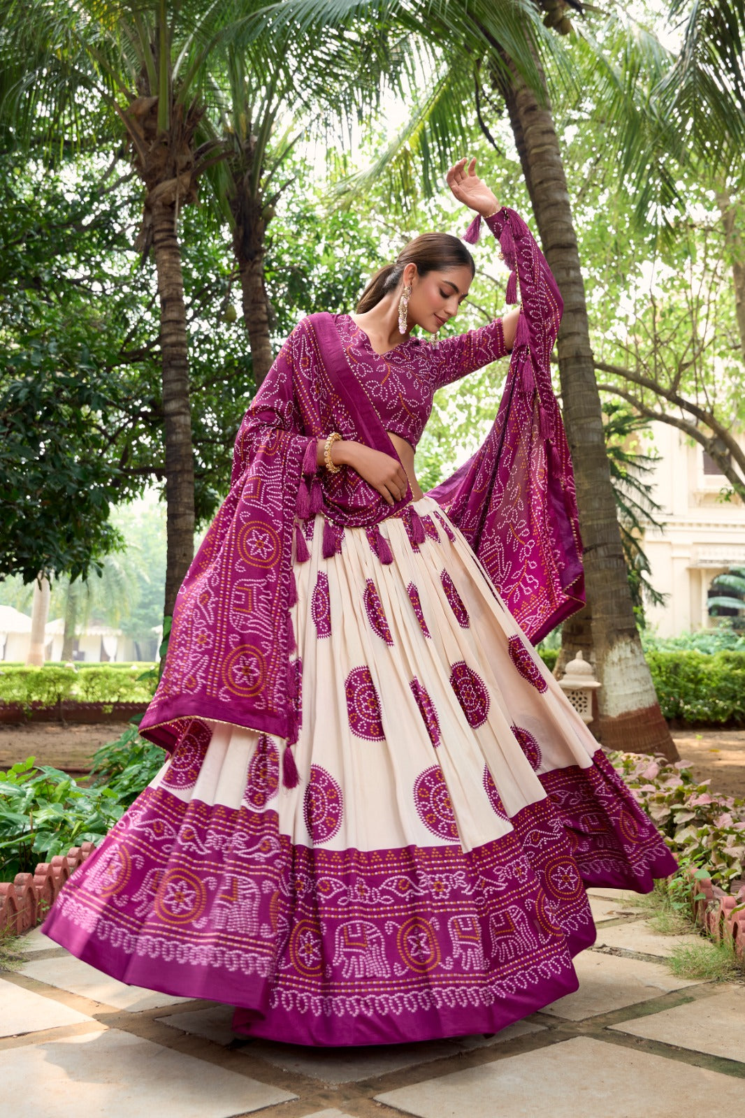 Womenline Wine Color Tussar Silk Bandhej Printed Lehenga Choli