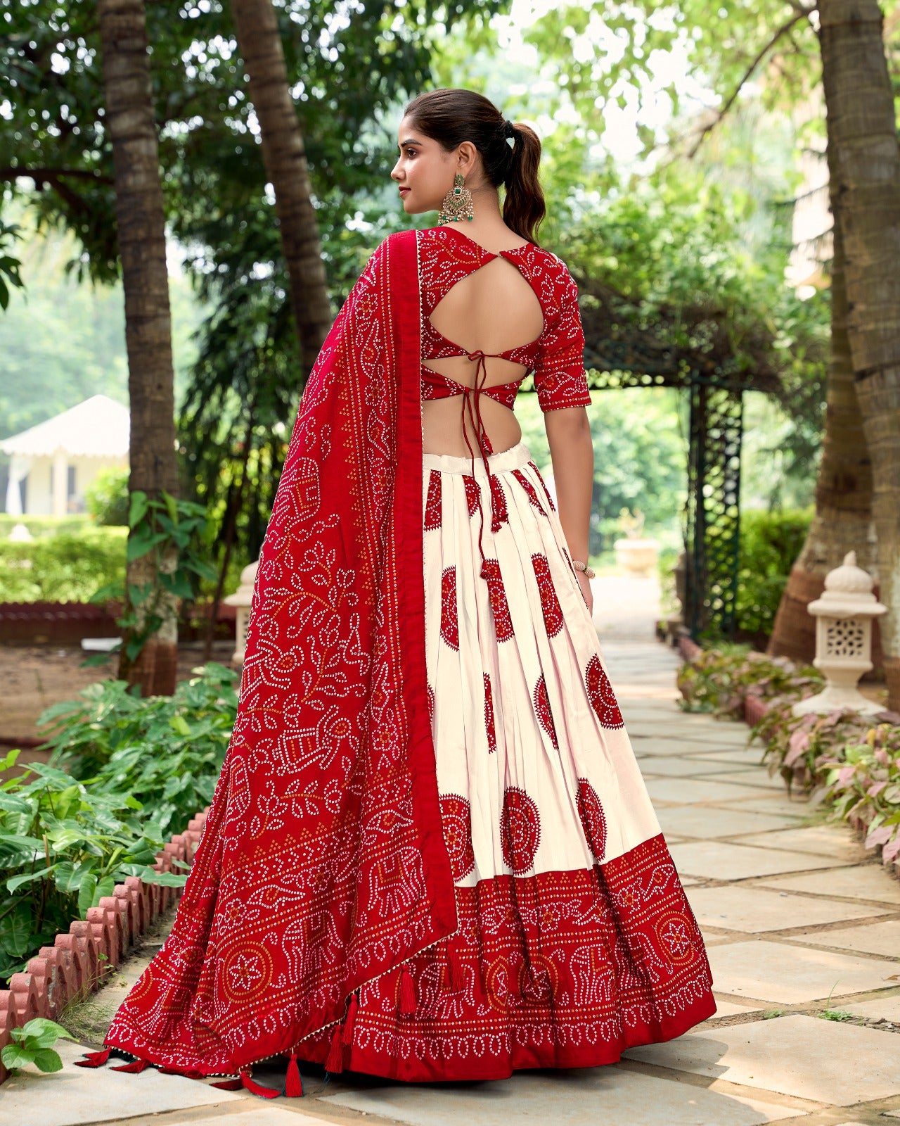 Womenline Red Color Tussar Silk Bandhej Printed Lehenga Choli