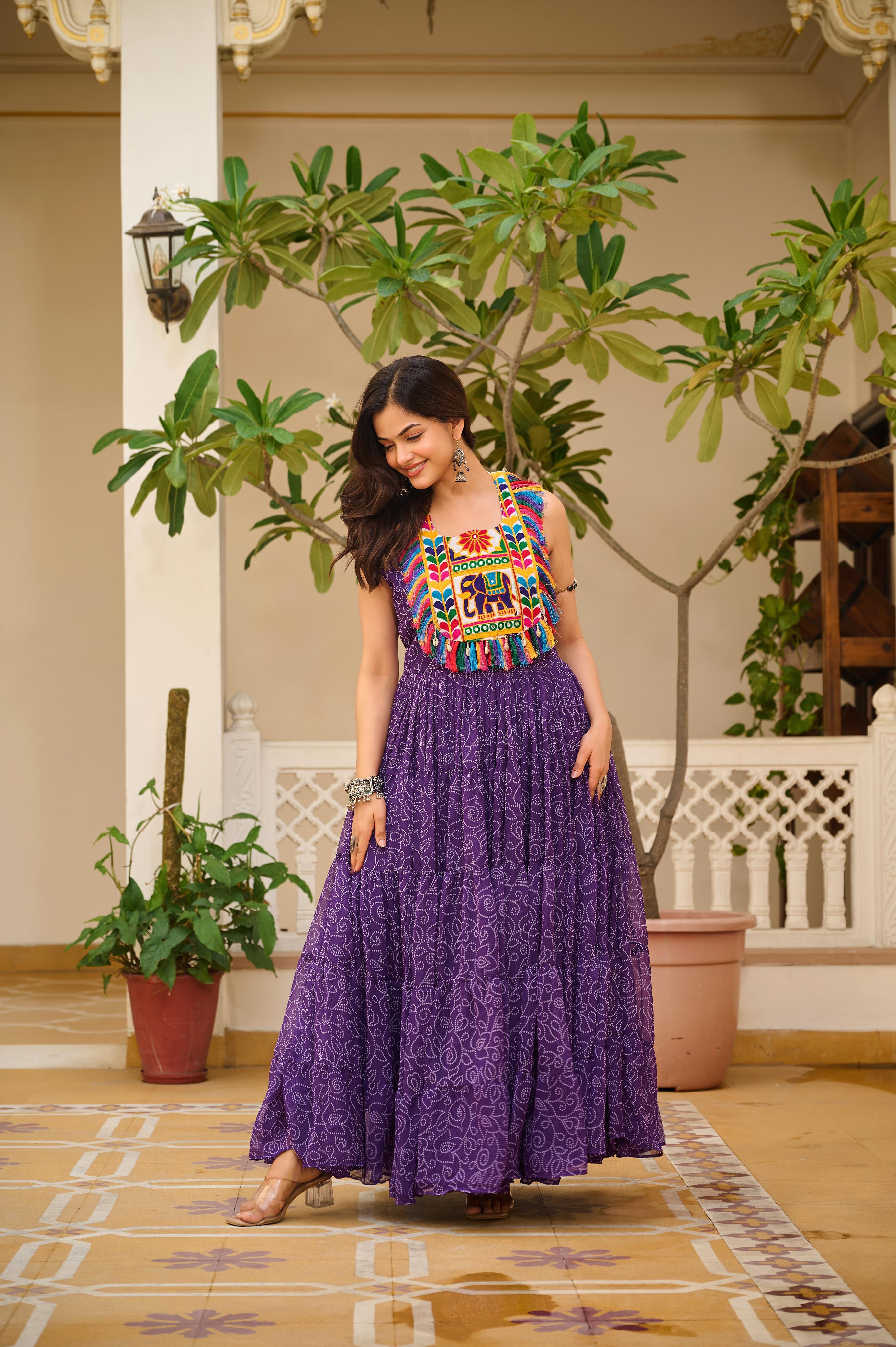 Womenline Purple Color Georgette Navratri Gown