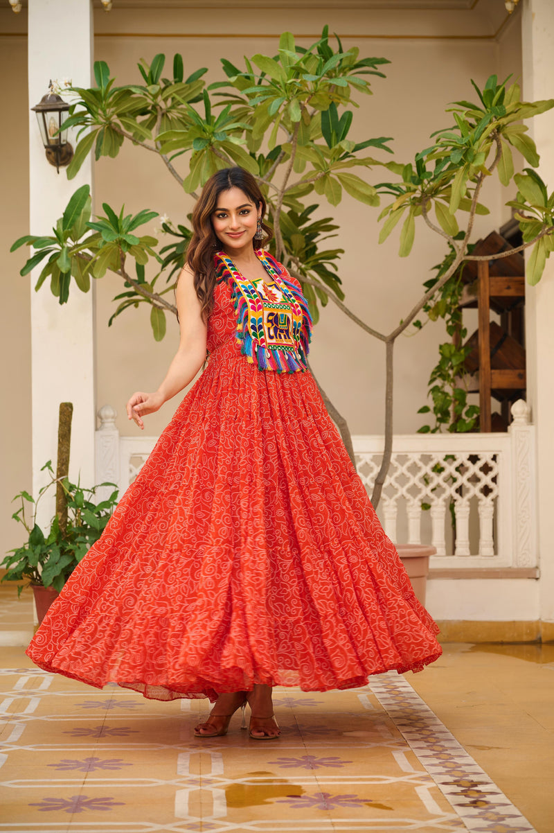 Womenline Orange Color Georgette Navratri Gown