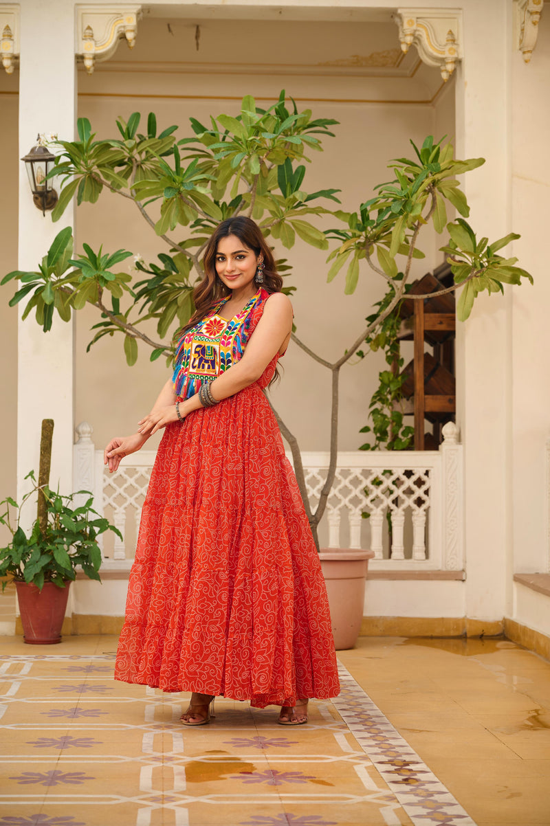 Womenline Orange Color Georgette Navratri Gown