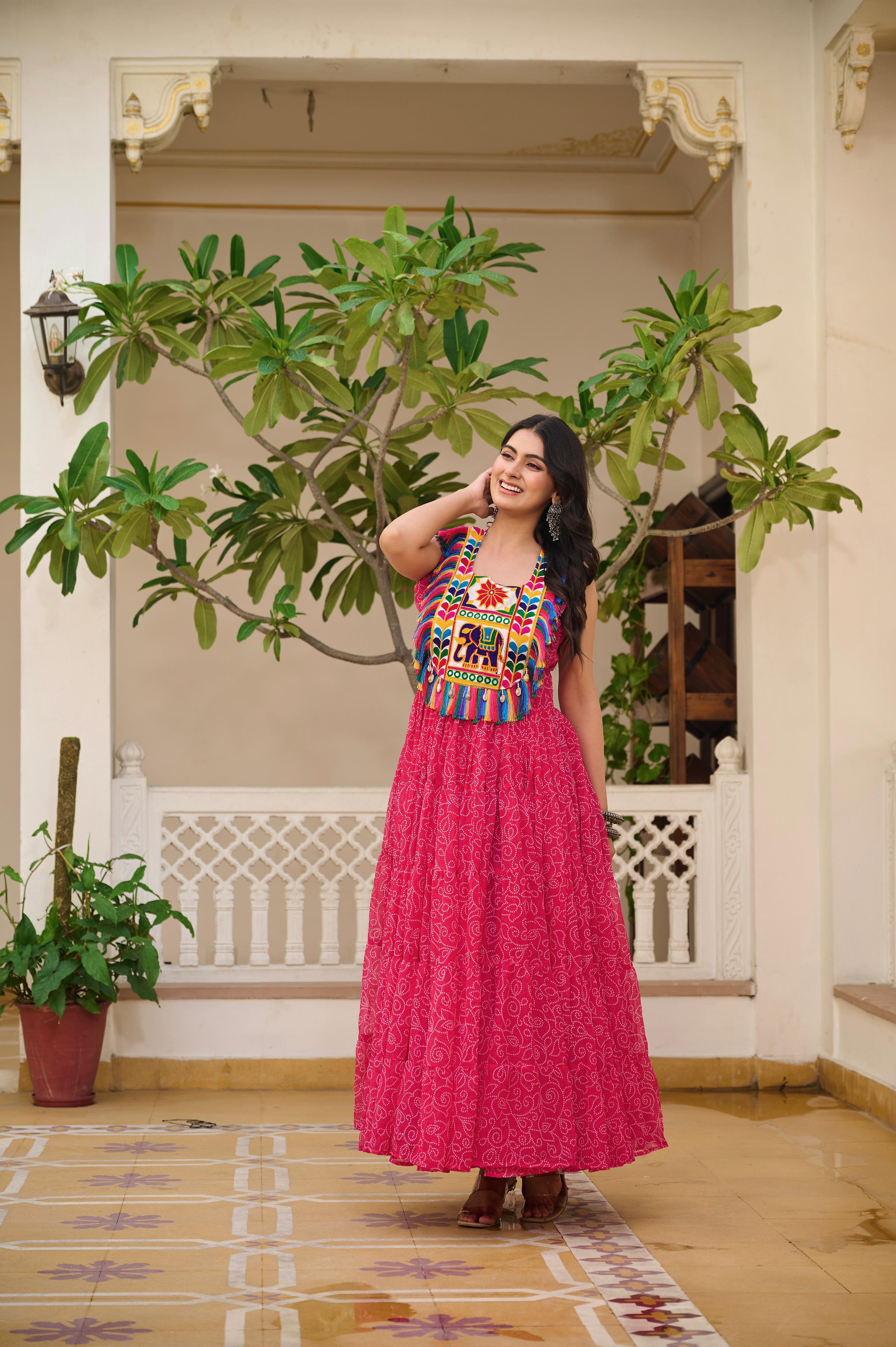 Womenline Pink Color Georgette Navratri Gown