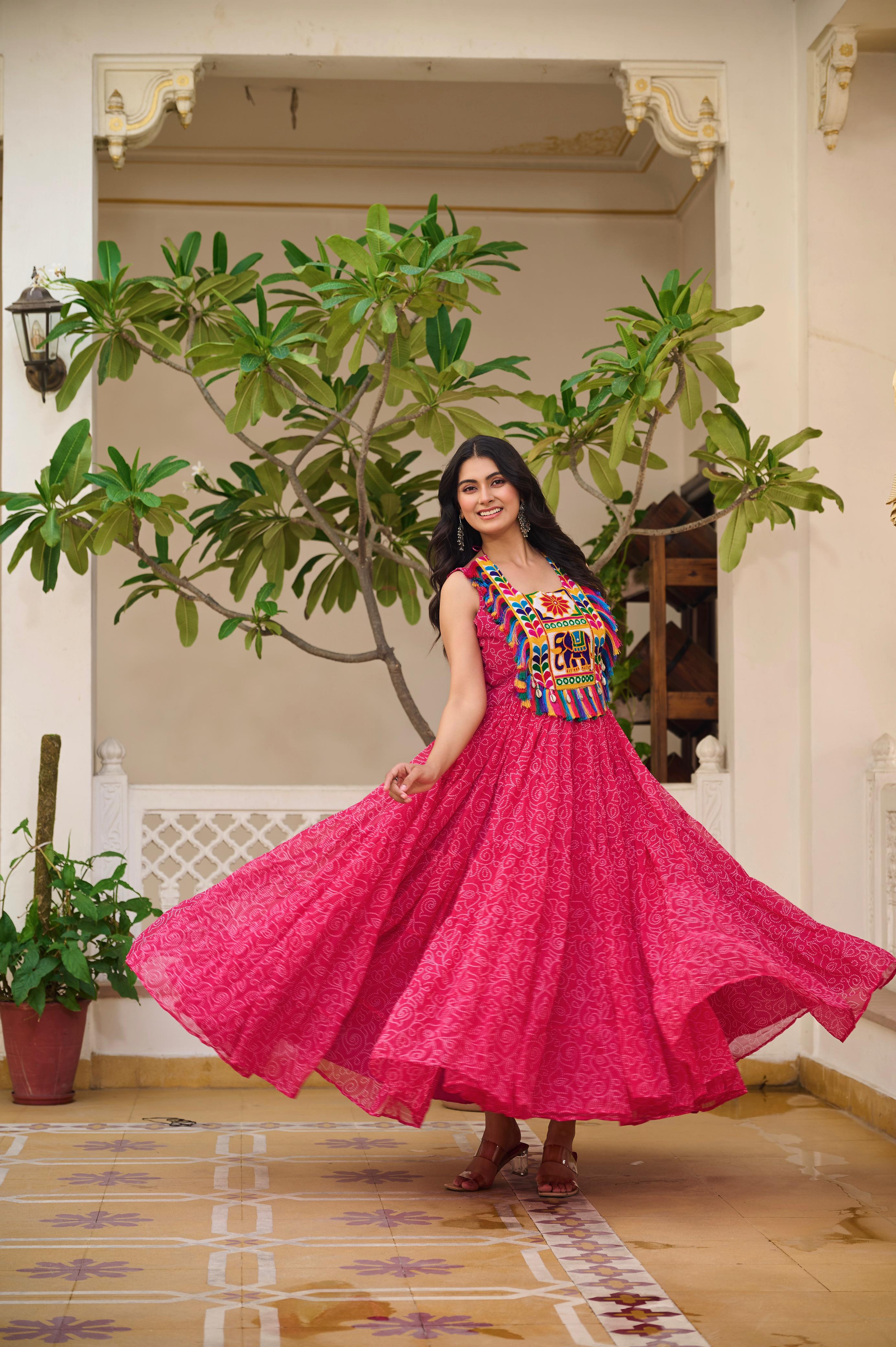 Womenline Pink Color Georgette Navratri Gown