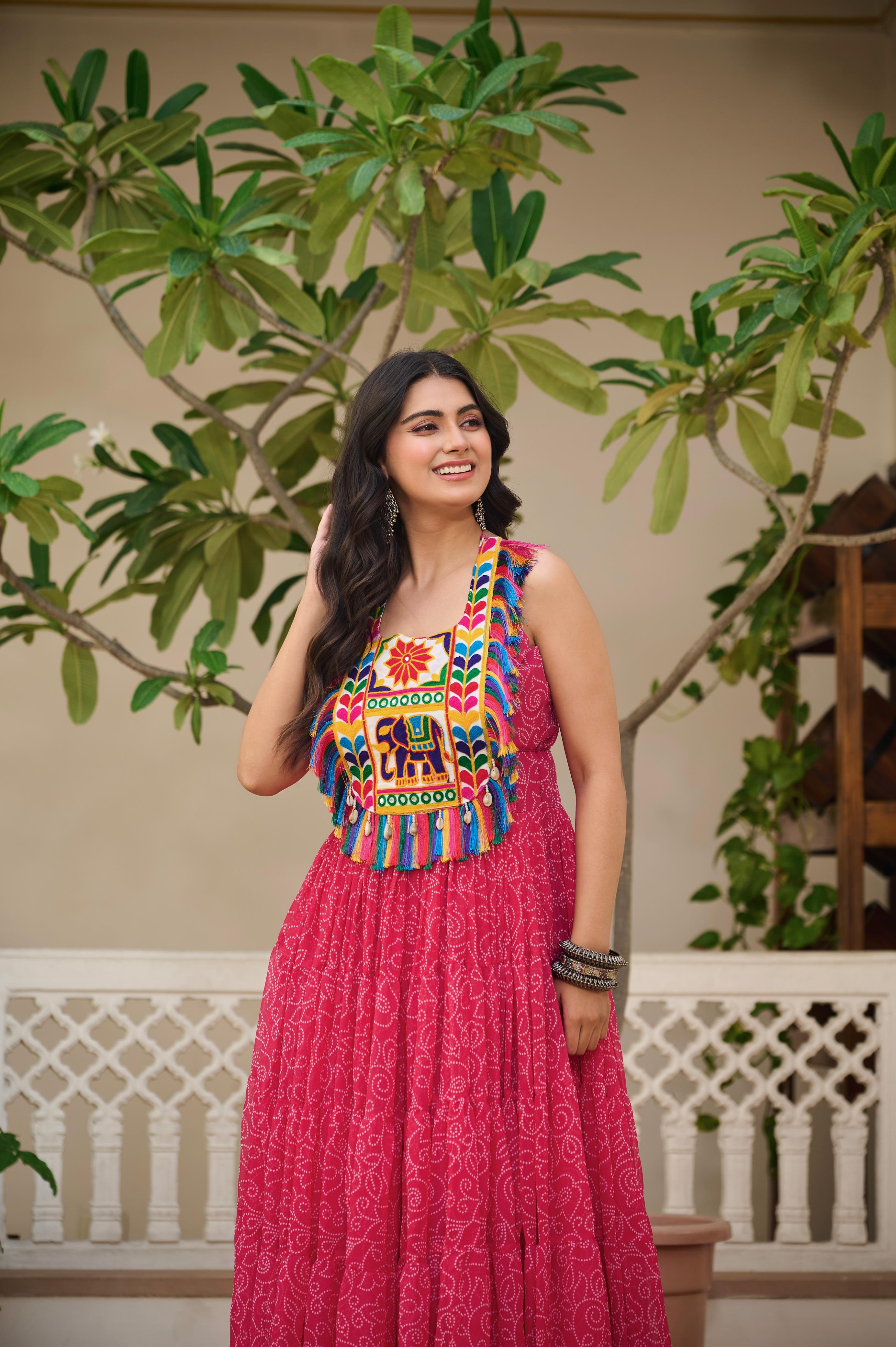 Womenline Pink Color Georgette Navratri Gown