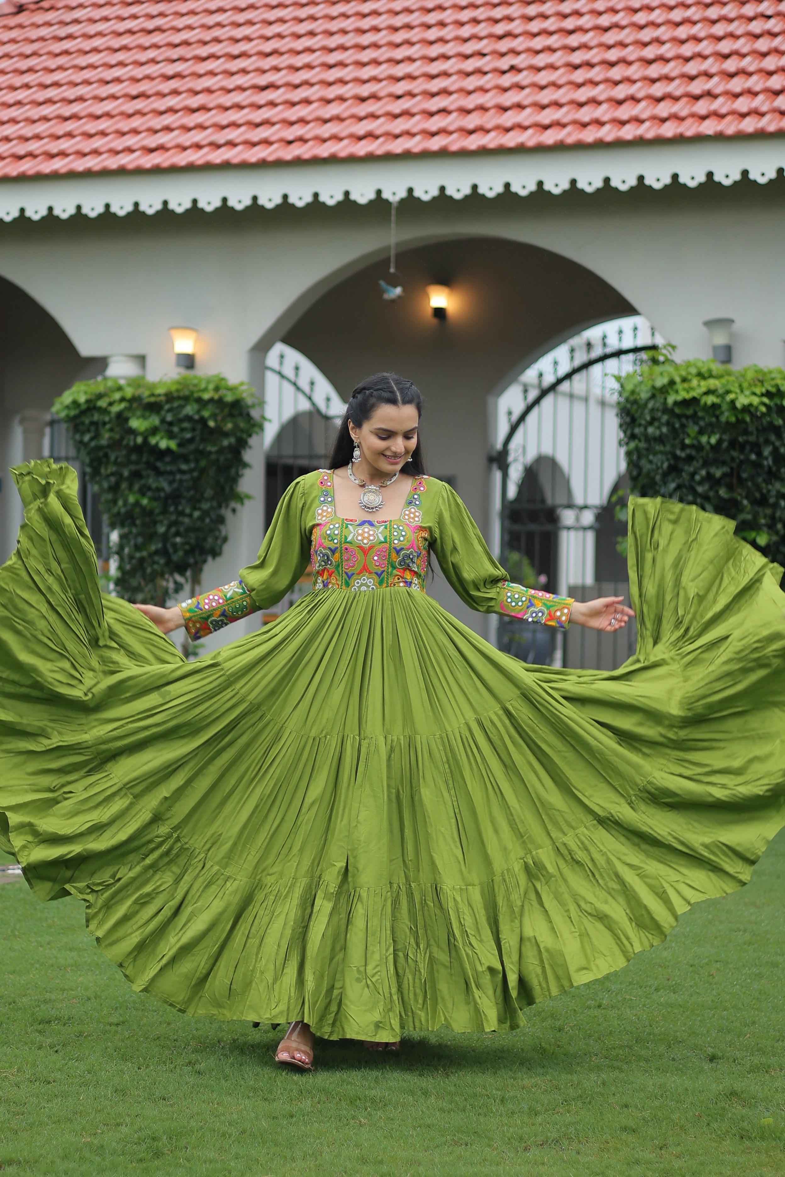 Womenline Parrot Green Color Rayon Navratri Gown