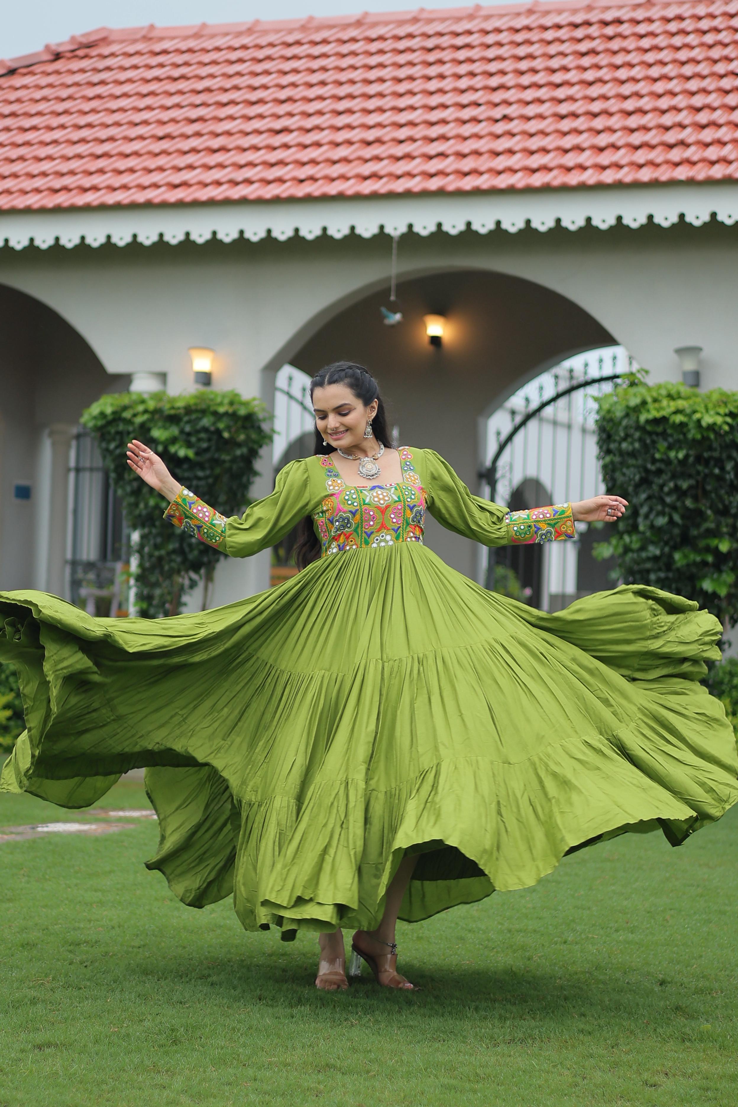 Womenline Parrot Green Color Rayon Navratri Gown