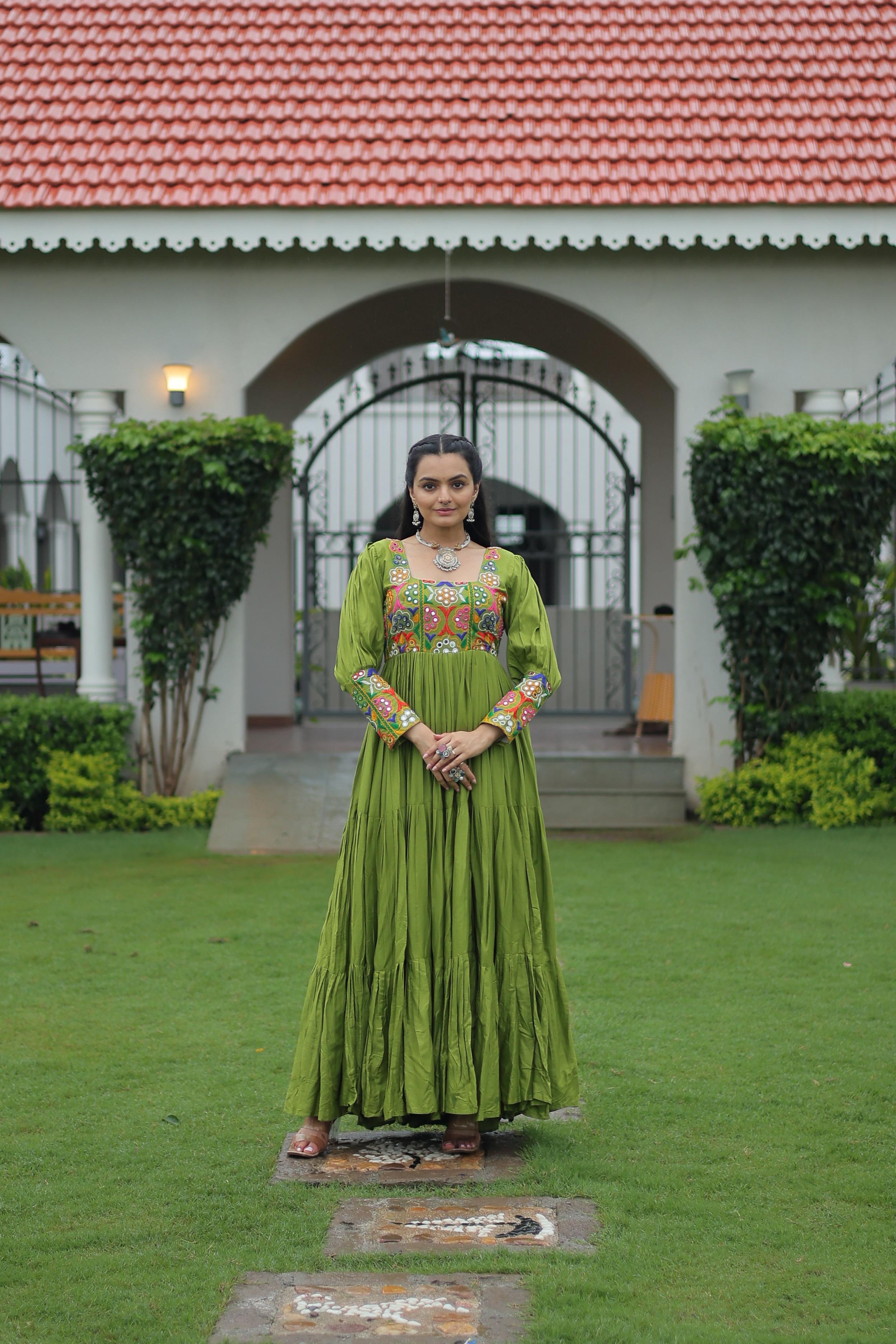 Womenline Parrot Green Color Rayon Navratri Gown