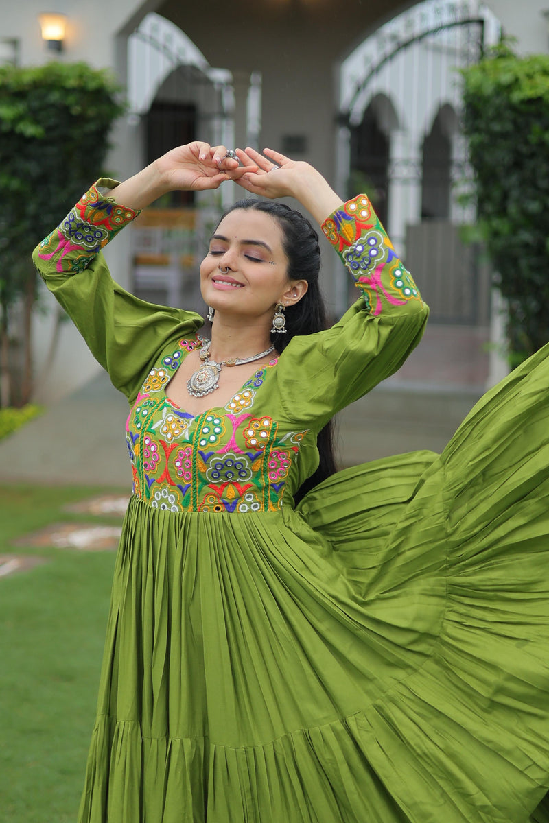 Womenline Parrot Green Color Rayon Navratri Gown