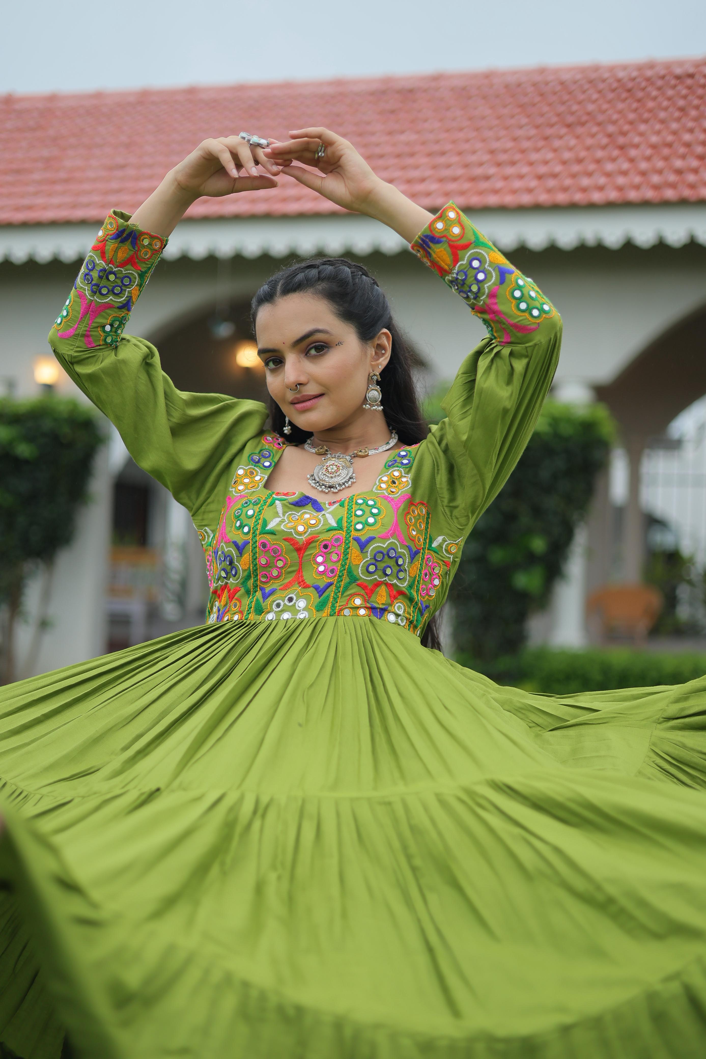 Womenline Parrot Green Color Rayon Navratri Gown