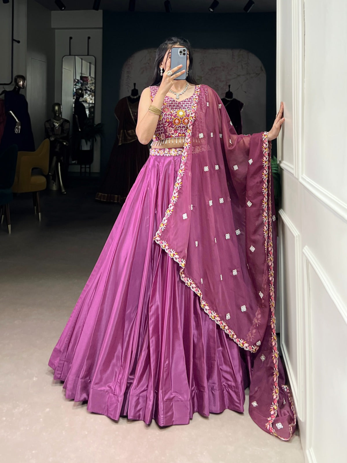 Womenline Mauve Pink Color Silk Crape Lehenga Choli