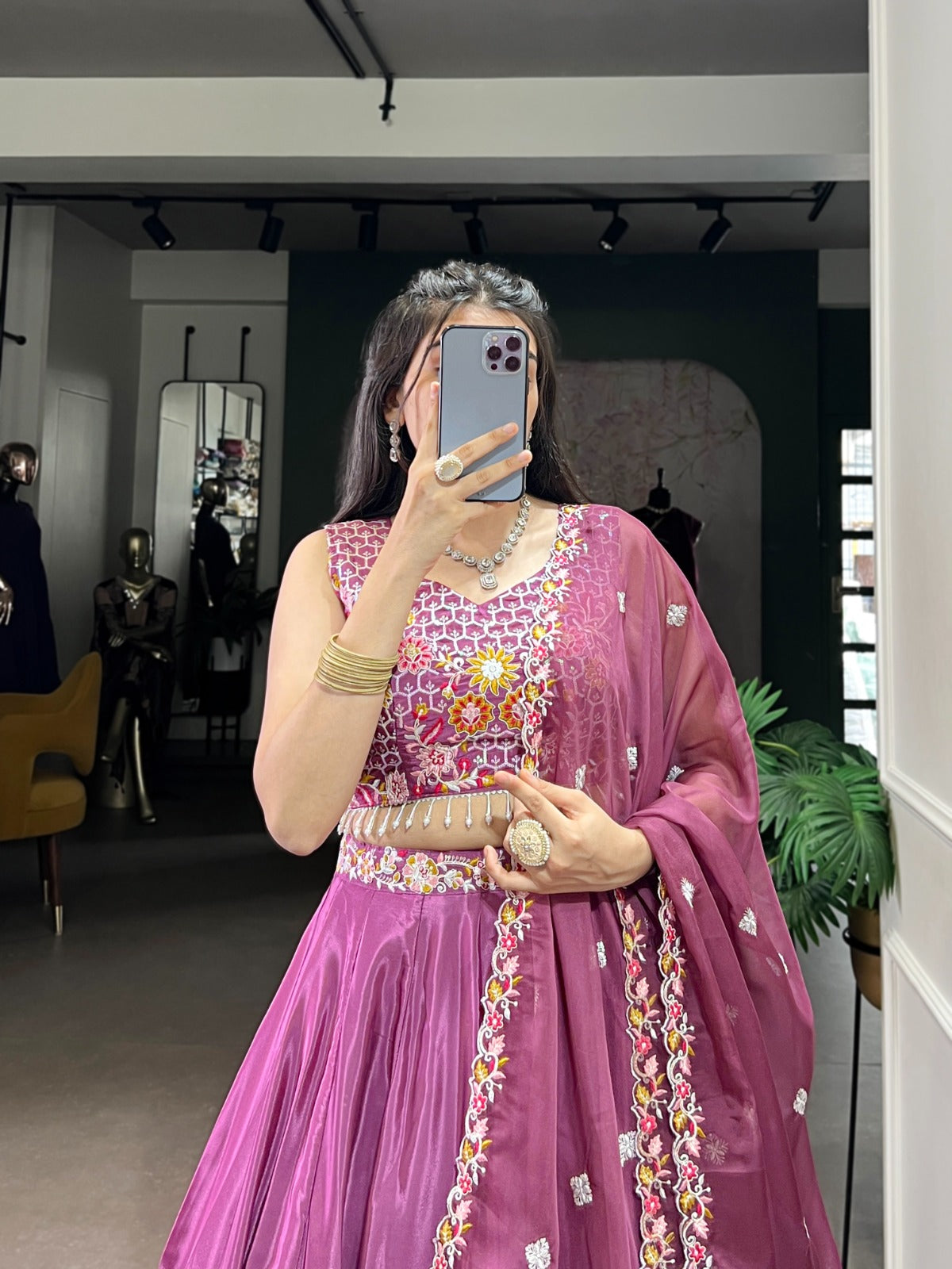 Womenline Mauve Pink Color Silk Crape Lehenga Choli