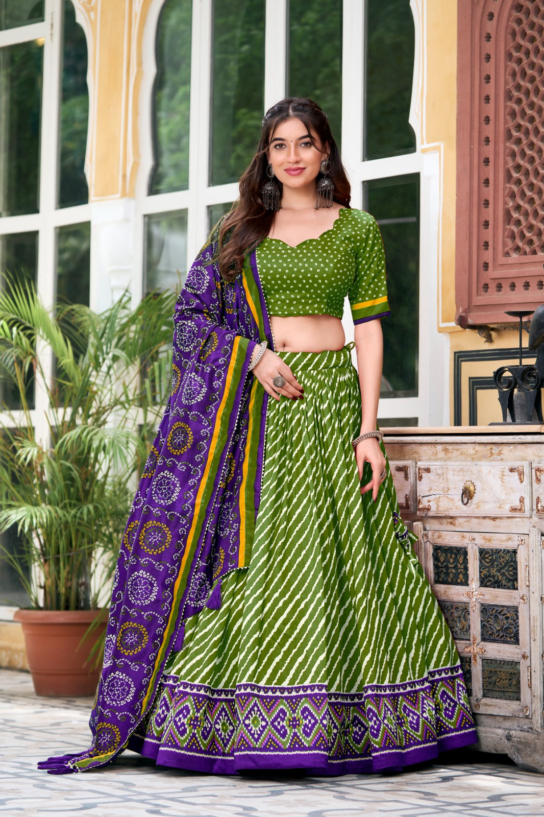 Womenline Green Color Tussar Silk laheriya Printed Navratri Lehenga Choli