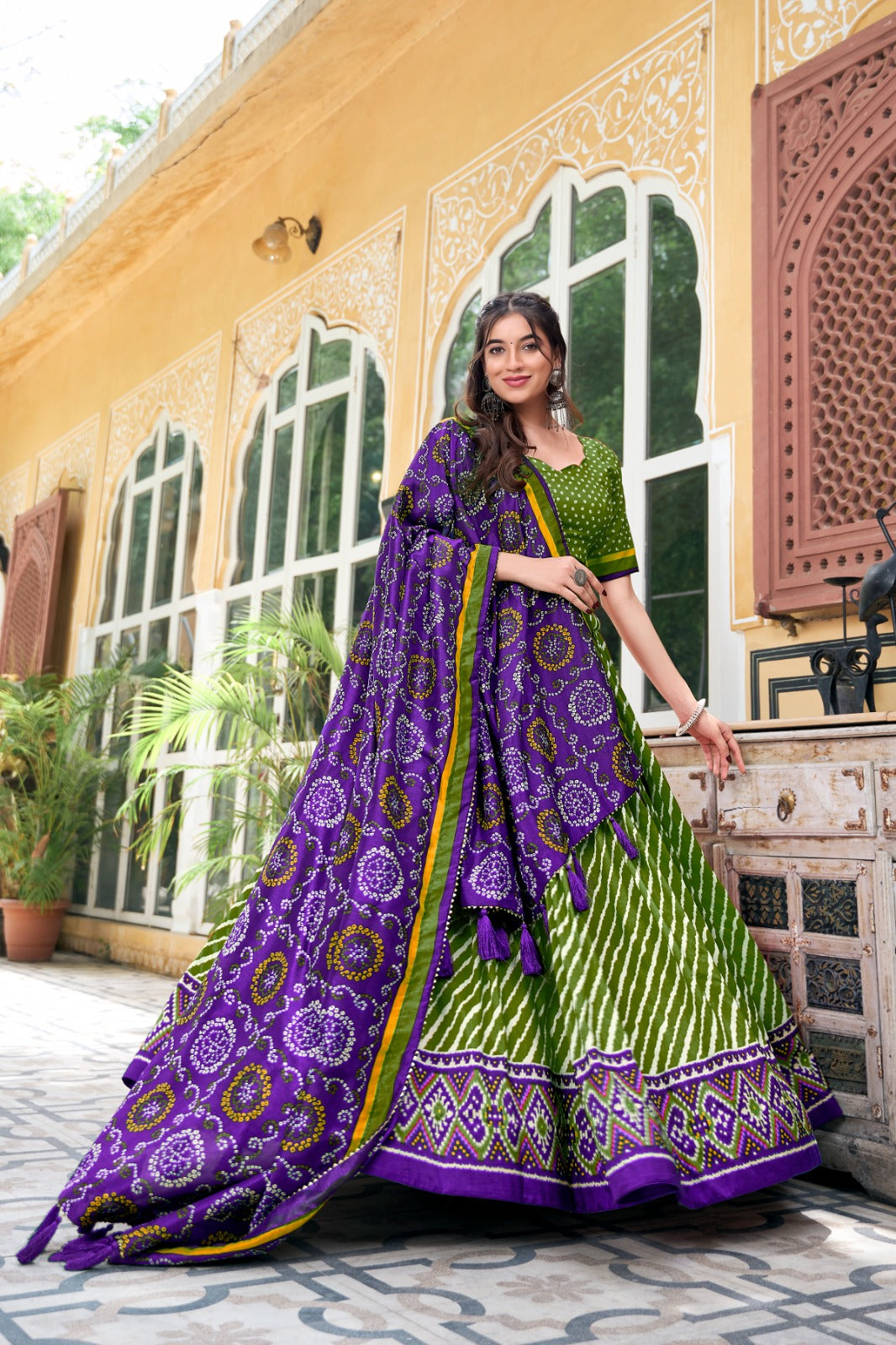 Womenline Green Color Tussar Silk laheriya Printed Navratri Lehenga Choli