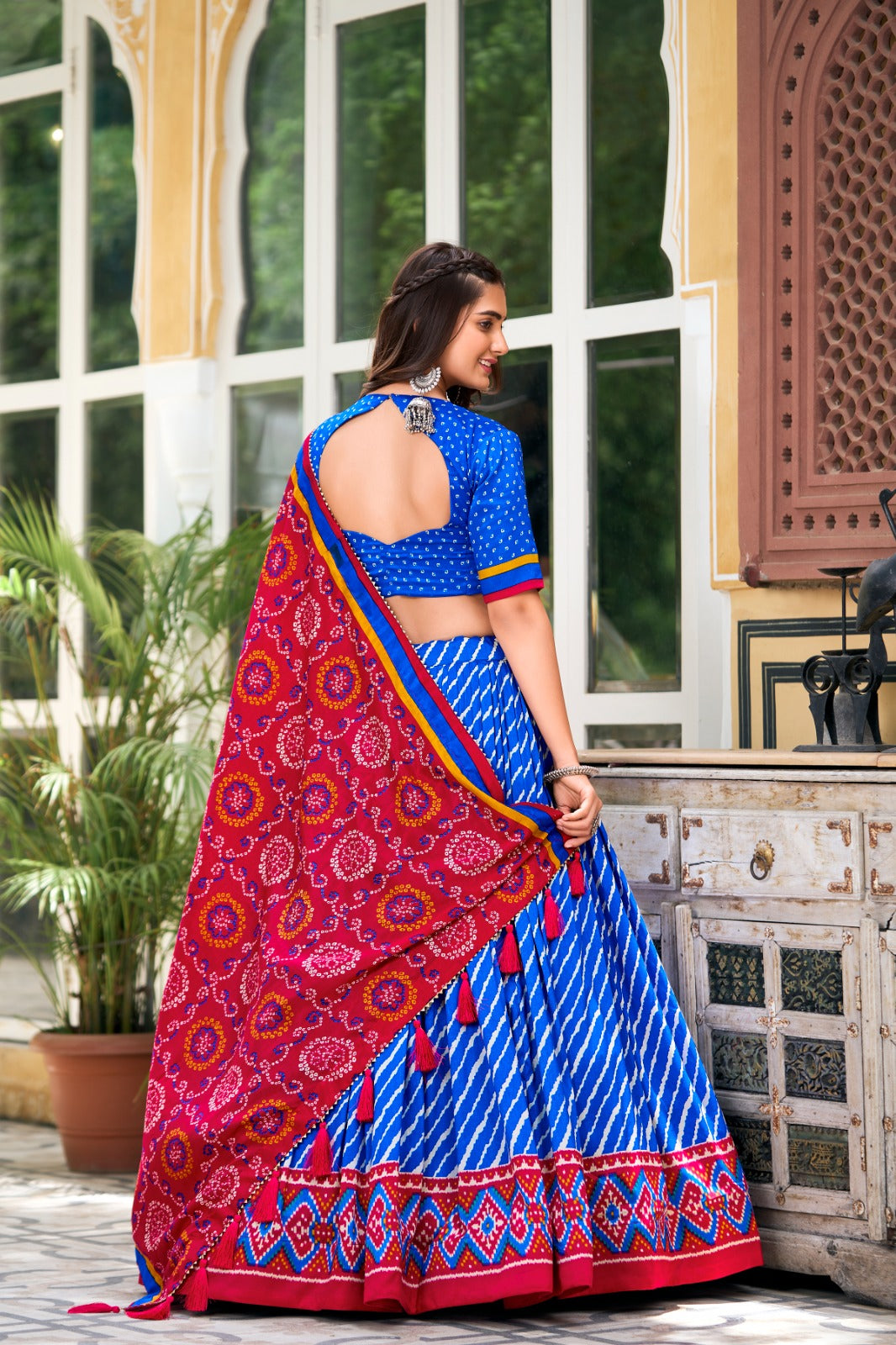 Womenline Blue Color Tussar Silk laheriya Printed Navratri Lehenga Choli