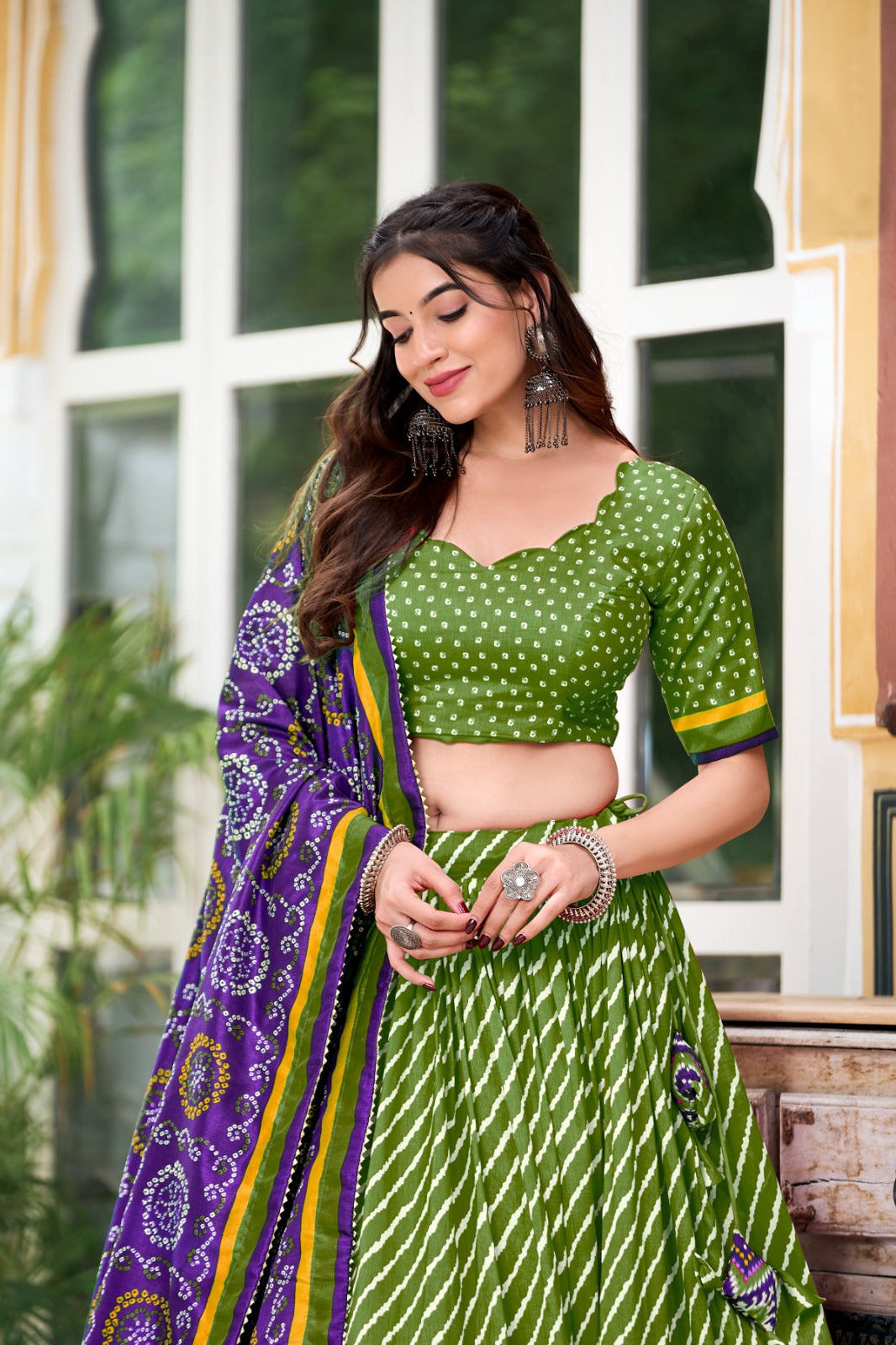 Womenline Green Color Tussar Silk laheriya Printed Navratri Lehenga Choli