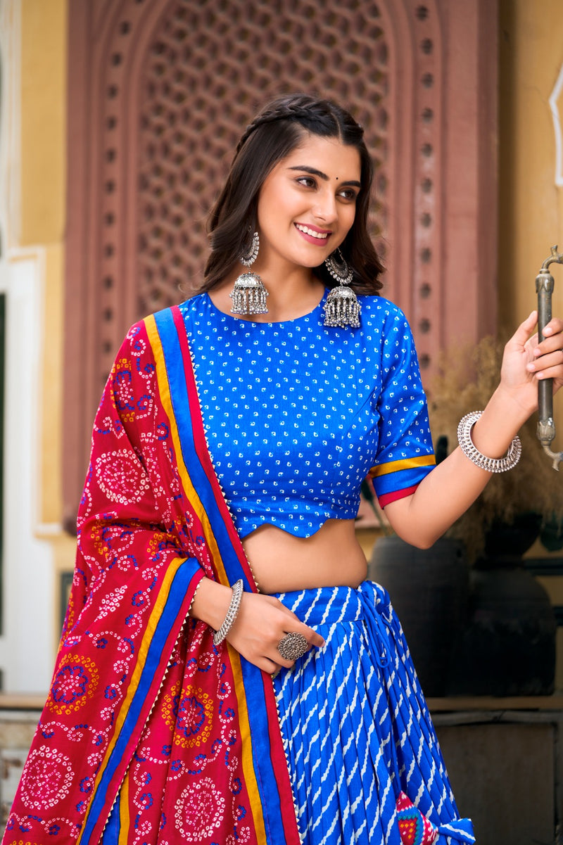 Womenline Blue Color Tussar Silk laheriya Printed Navratri Lehenga Choli
