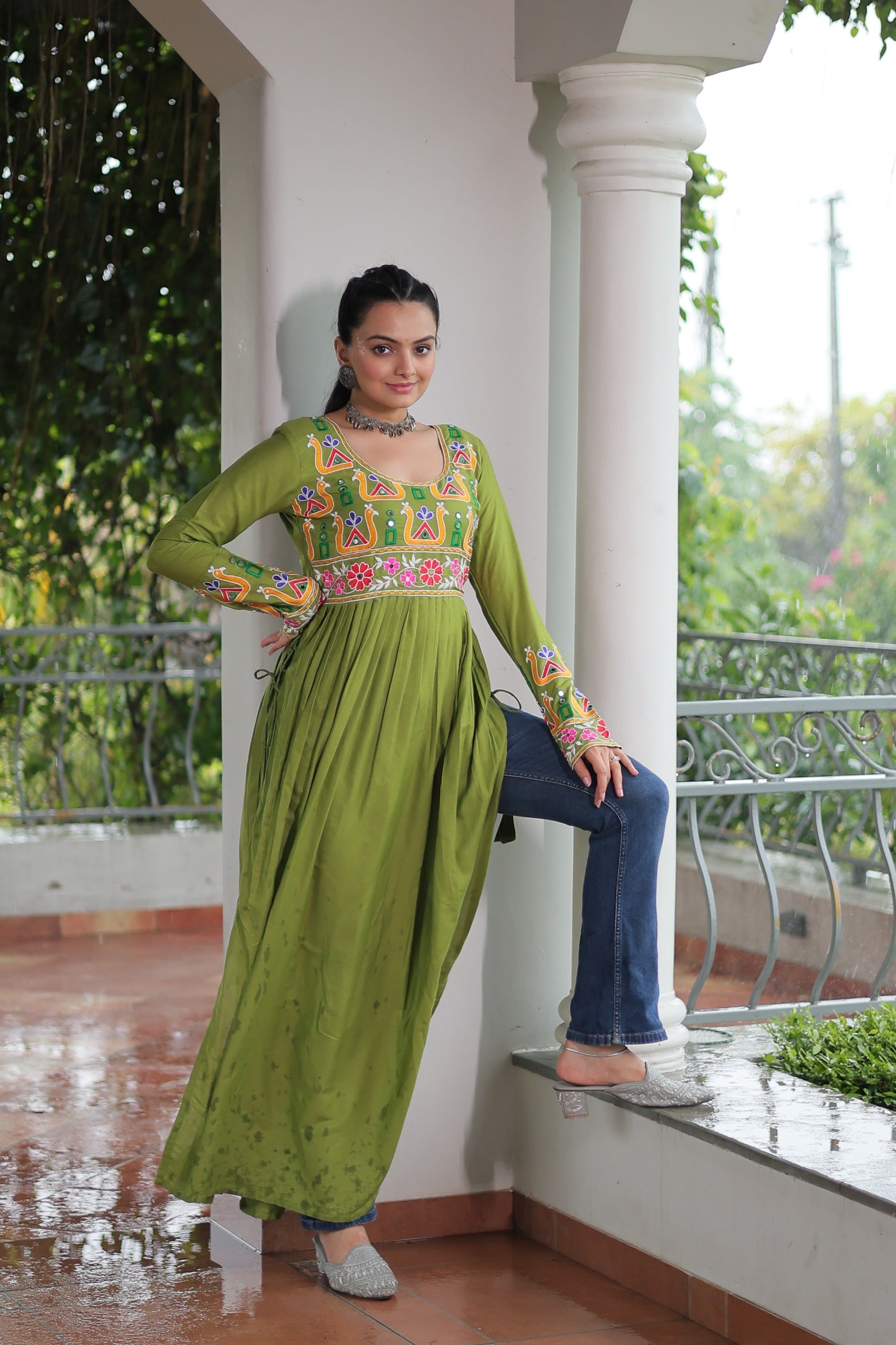 Womenline Green Color Reyon Navratri kurti