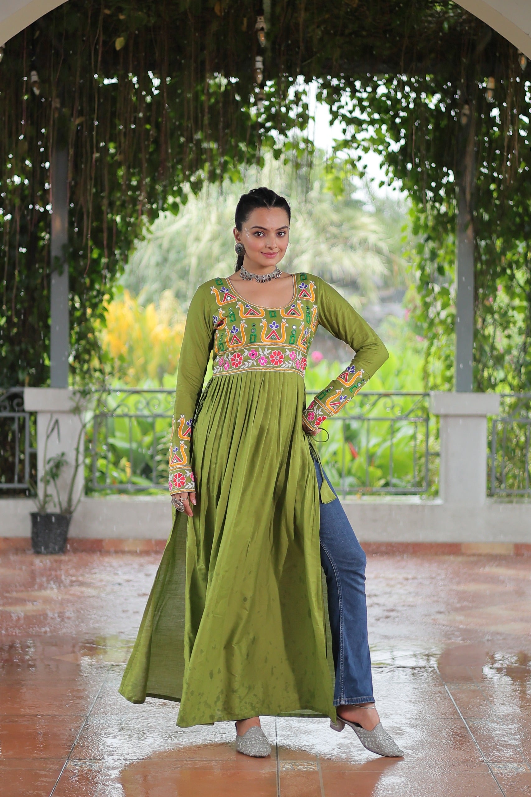 Womenline Green Color Reyon Navratri kurti