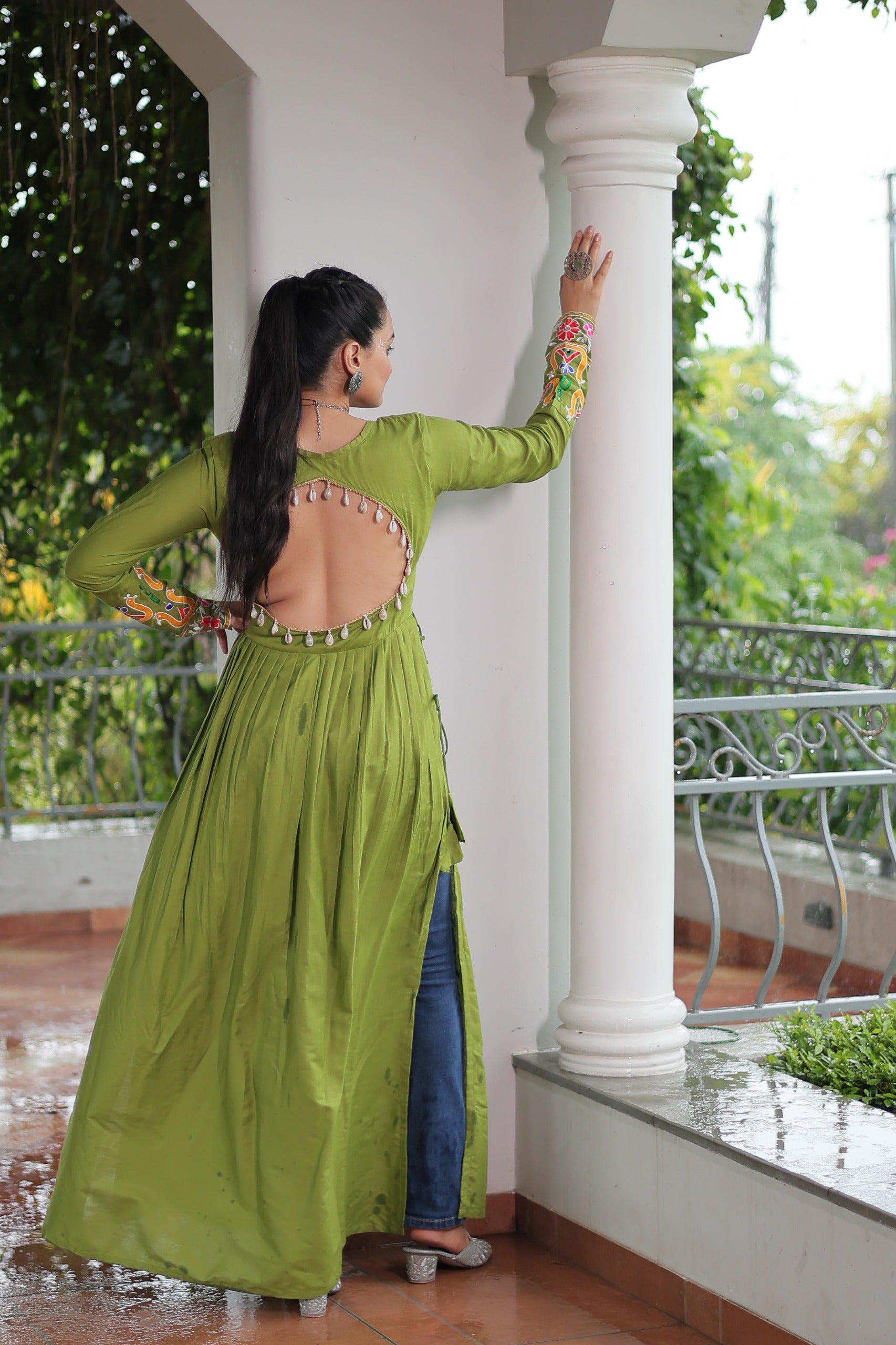 Womenline Green Color Reyon Navratri kurti