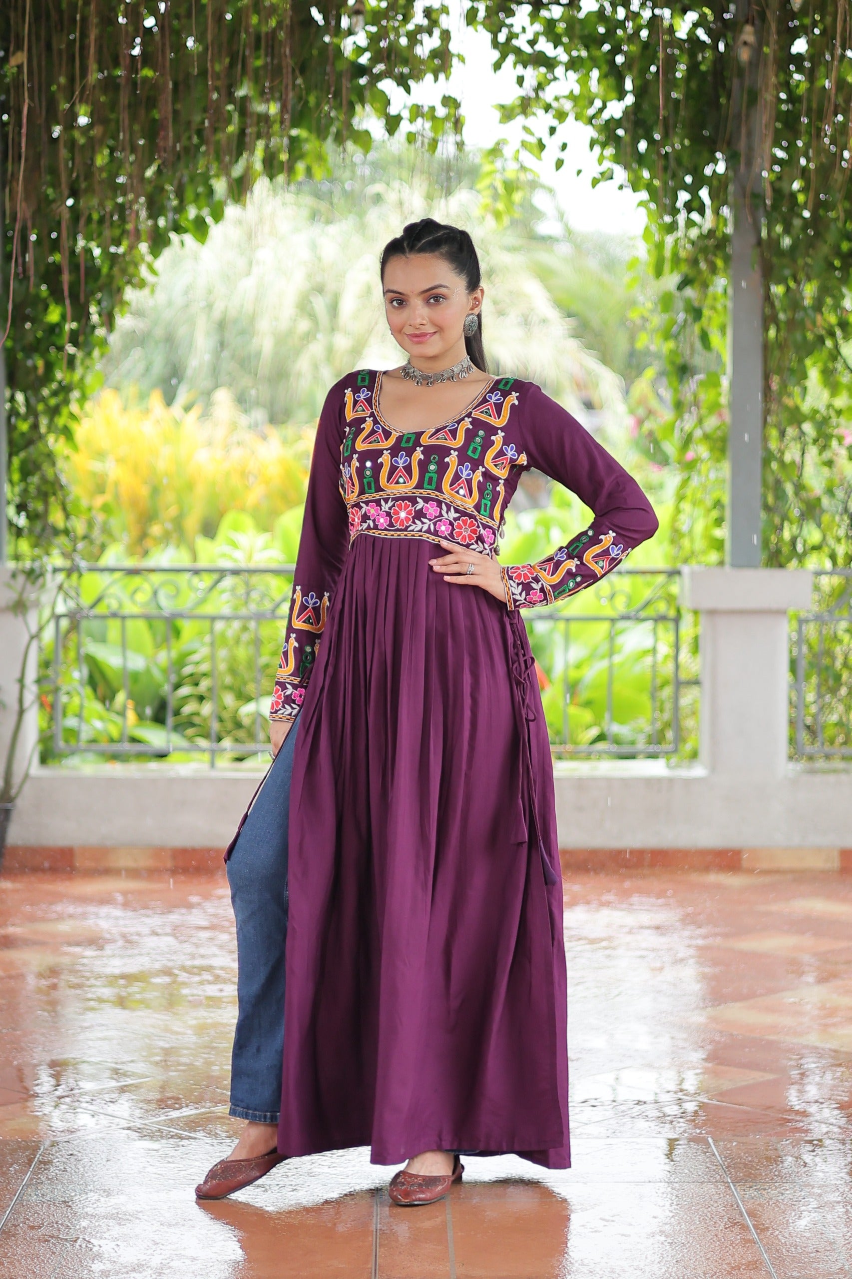 Womenline Wine Color Reyon Navratri Kurti