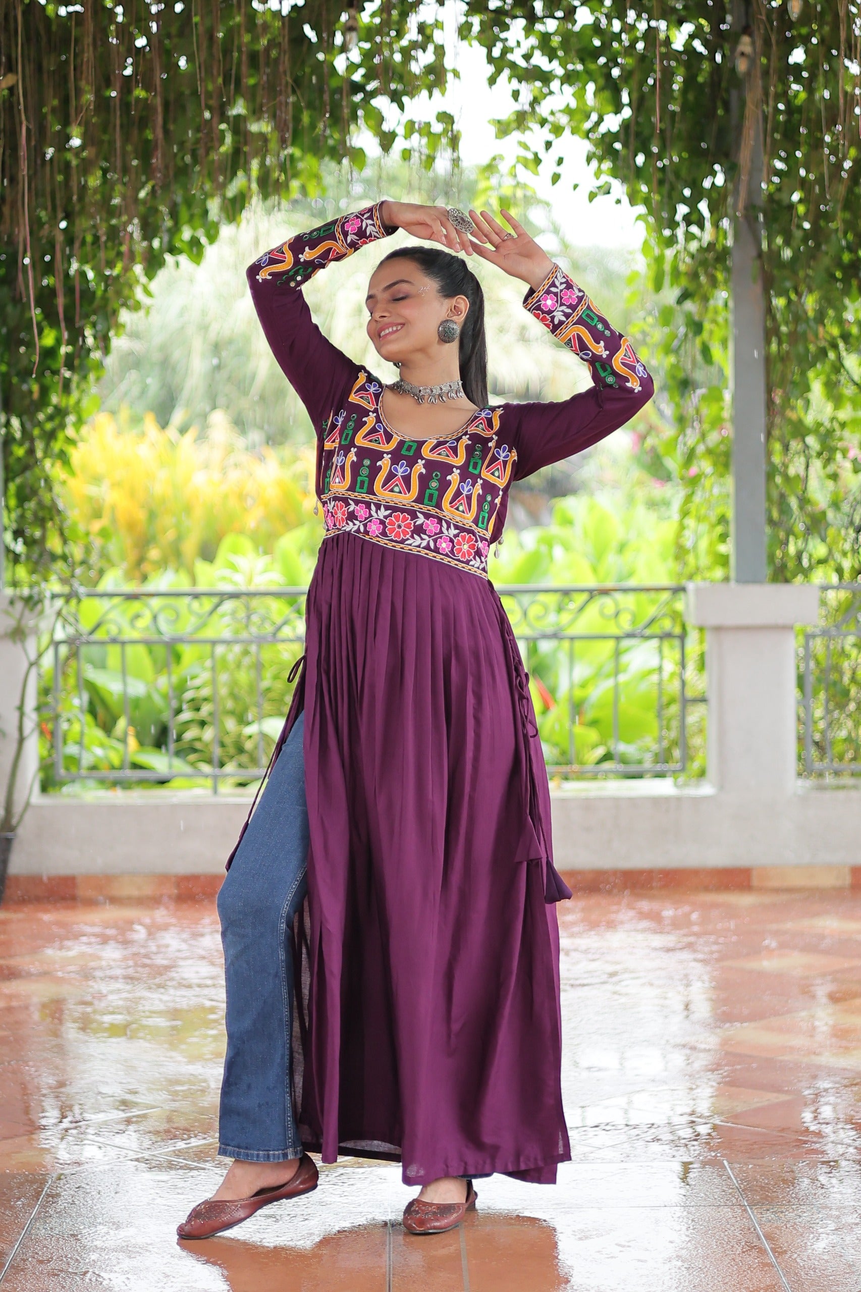 Womenline Wine Color Reyon Navratri Kurti