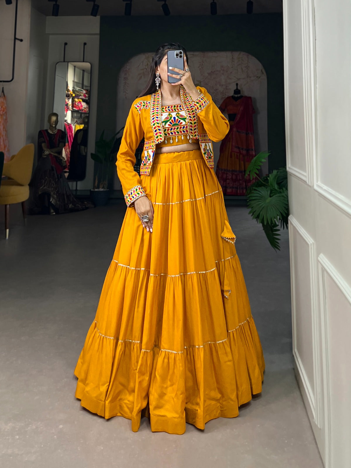 Womenline Mustard Color Pure Rayon Gamthi Navratri Lehenga Choli